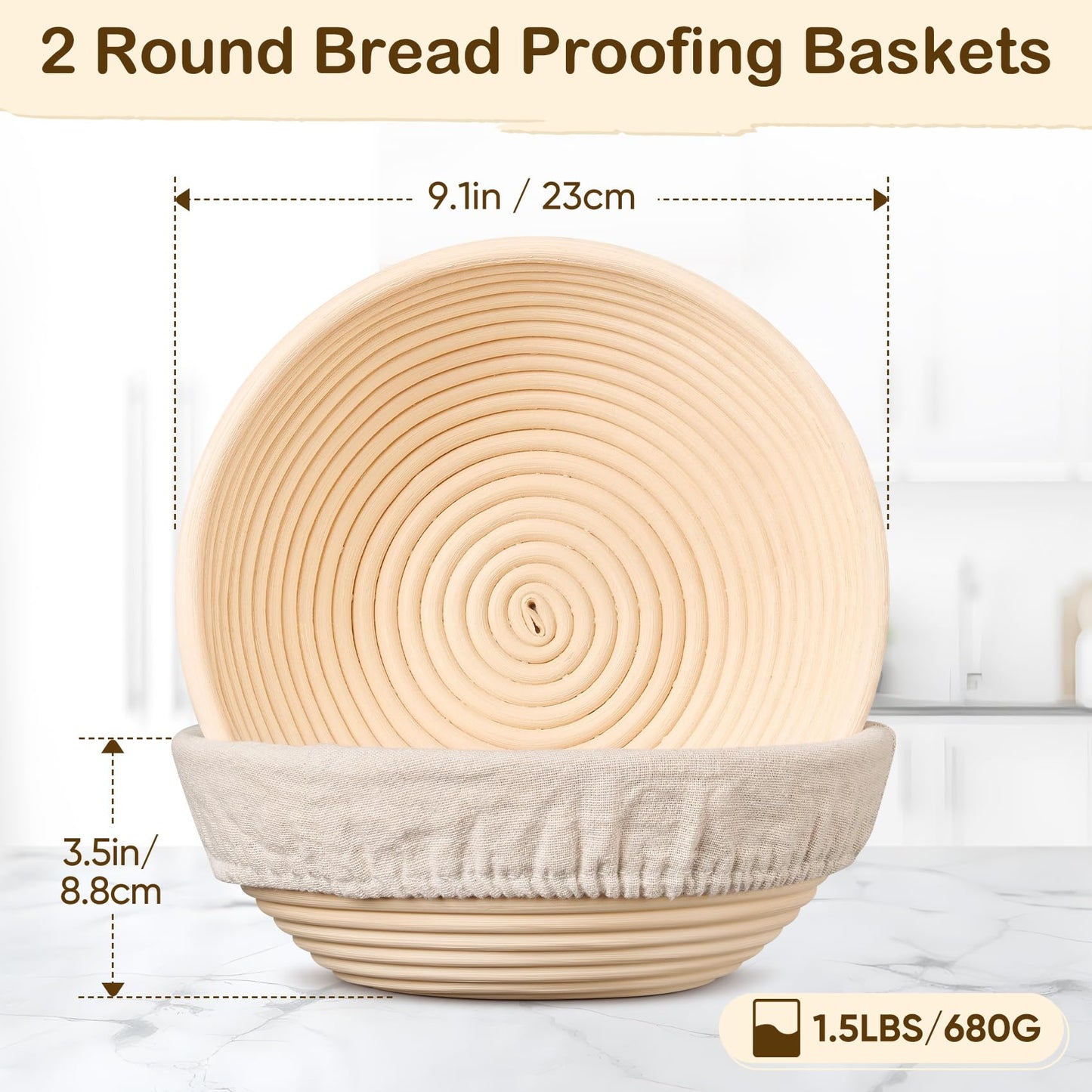 TeamFar Bread Proofing Basket Set of 2, Sourdough Bread Baking Supplies, 9 Inch Round Proofing Baskets for Sourdough Bread Baking, Proofing Bowls with Liner for Dough Fermentation