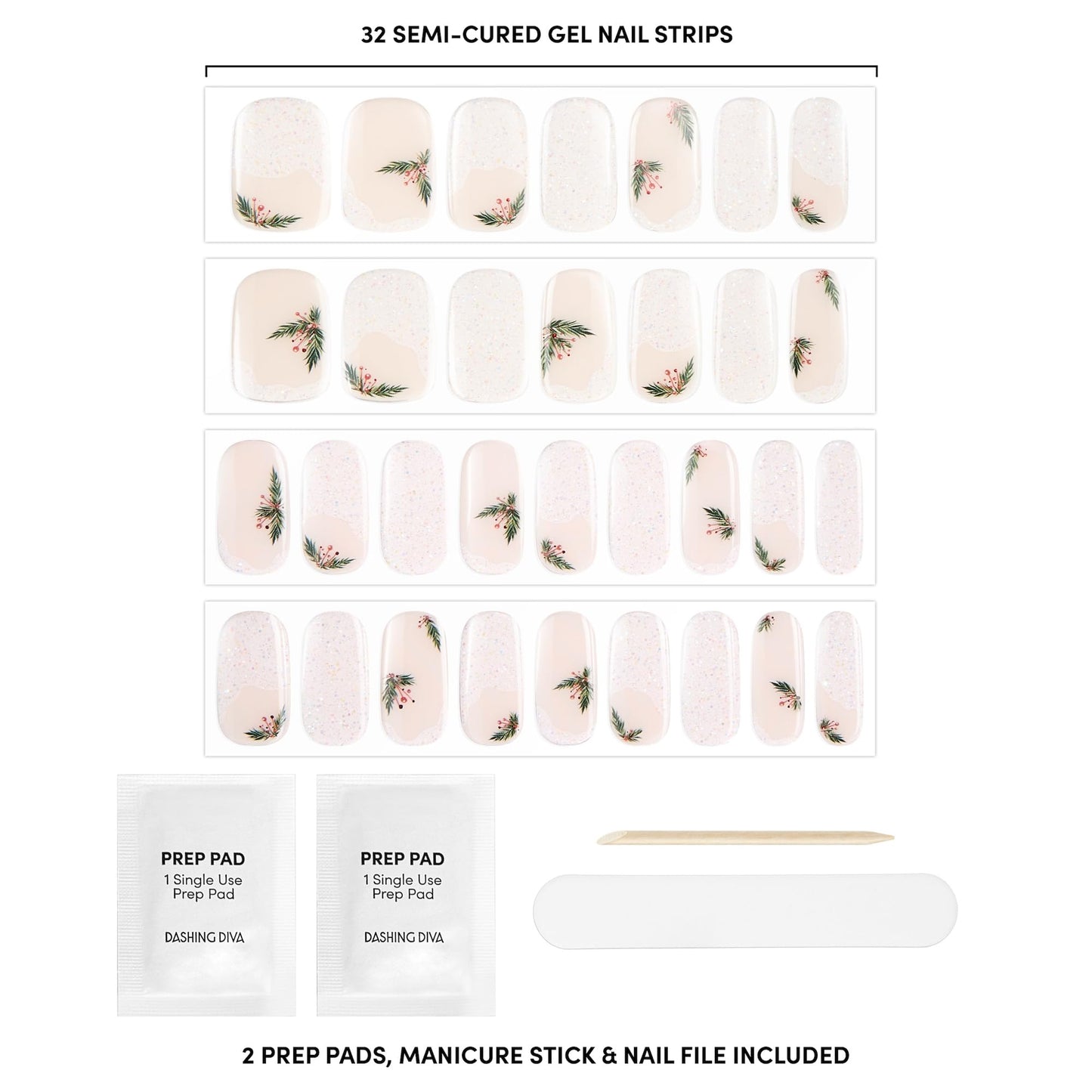 Dashing Diva Glaze Nail Strip Set - Garland Frost - Long Lasting, Chip Resistant, Semi-Cured Gel Nail Strips - Gel Set - 4-Piece Manicure Kit with 32 Strips