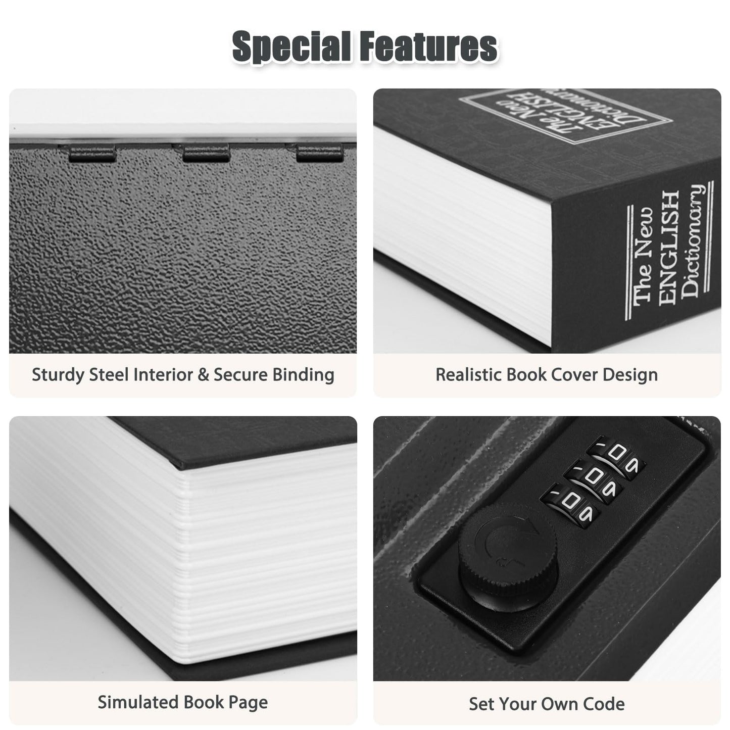 KYODOLED Diversion Book Safe with Combination Lock, Secret Safe Metal Lock Box, Money Storage Collection Box, 9.5" x 6.2" x 2.2" Black Large