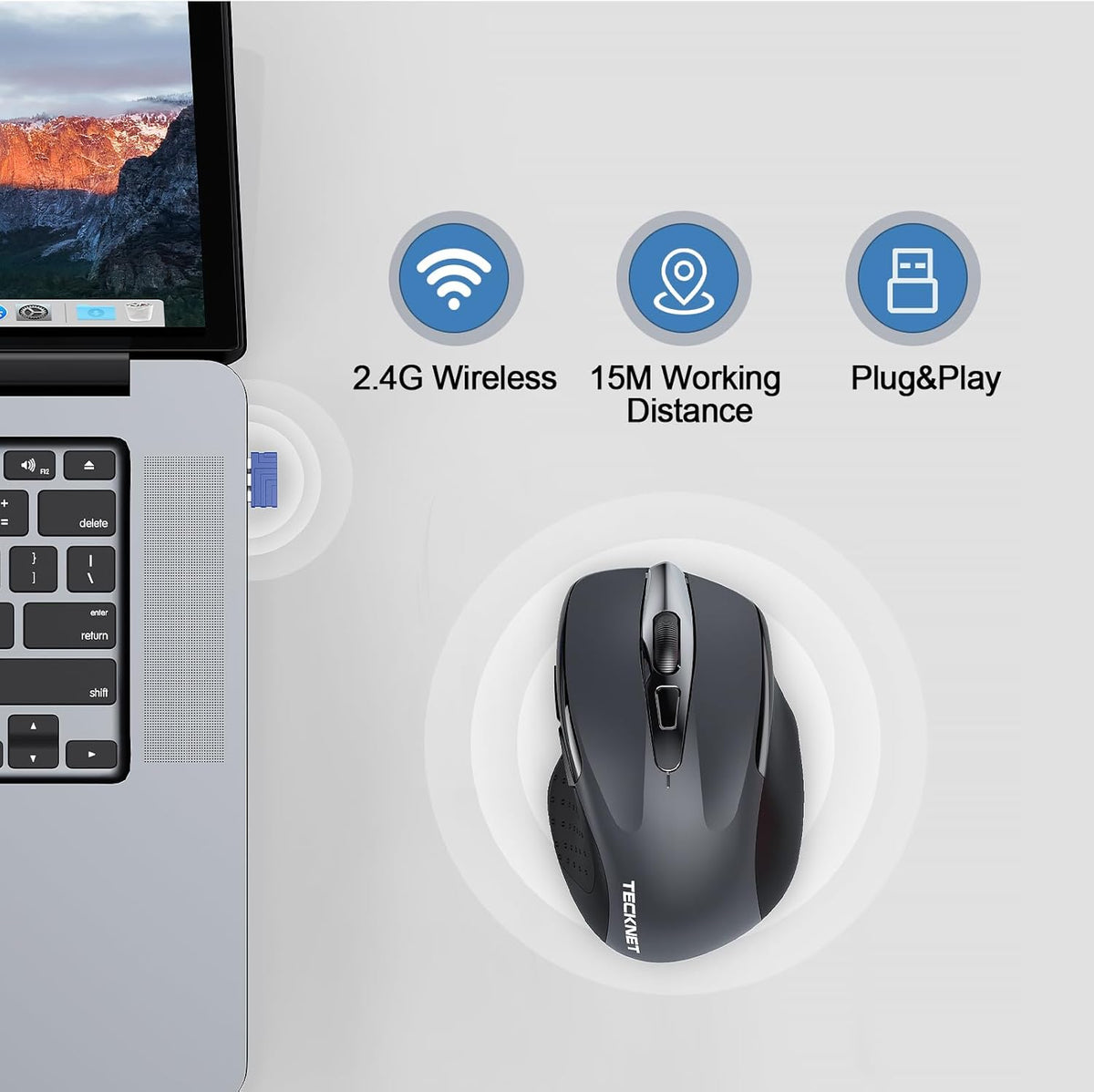 TECKNET Wireless Mouse Rechargeable, 2.4G USB-A Silent Mouse, Quiet Click, 6 Adjustable 4800 DPI, Cordless Computer Mouse, Ergonomic Mouse for Laptop, 6 Buttons Mouse for Chromebook, Ergo Grip