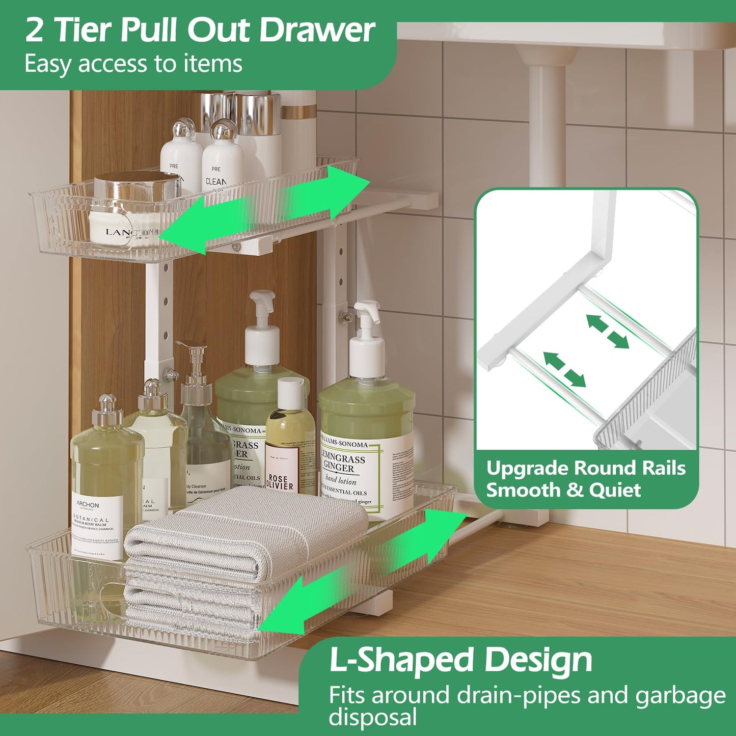 ADRIMER Under Sink Organizer 2 Packs, Pull Out Kitchen Sink Organizer, 2 Tier Slide Out Kitchen Organizers and Storage Bathroom Under Cabinet Storage Shelf, Transparent & White