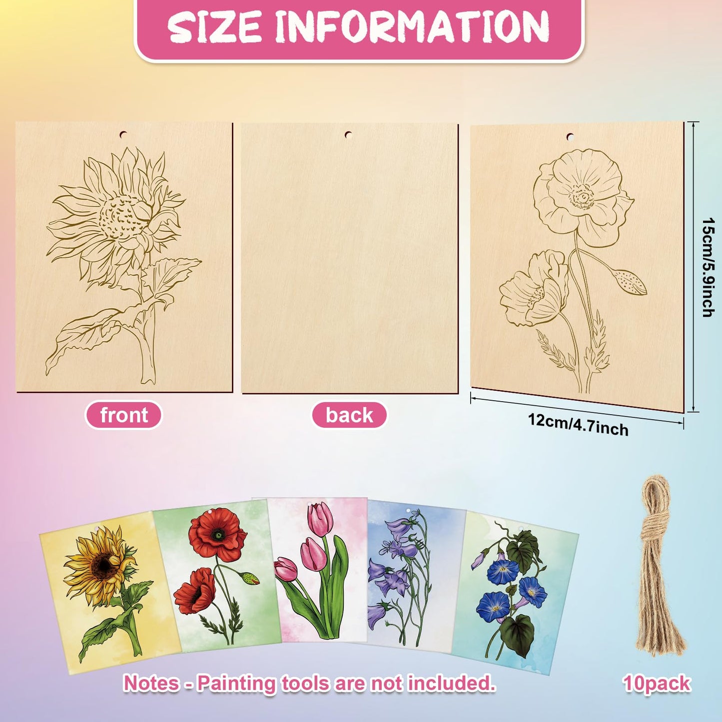 COCHIE 10 Pieces Large Flowers Unfinished Wood Crafts to Paint for Adults, Bulk Predrilled Wooden Ornaments for Painting, Tulips Flower Paintable Wood Slices Craft Supplies with Ropes