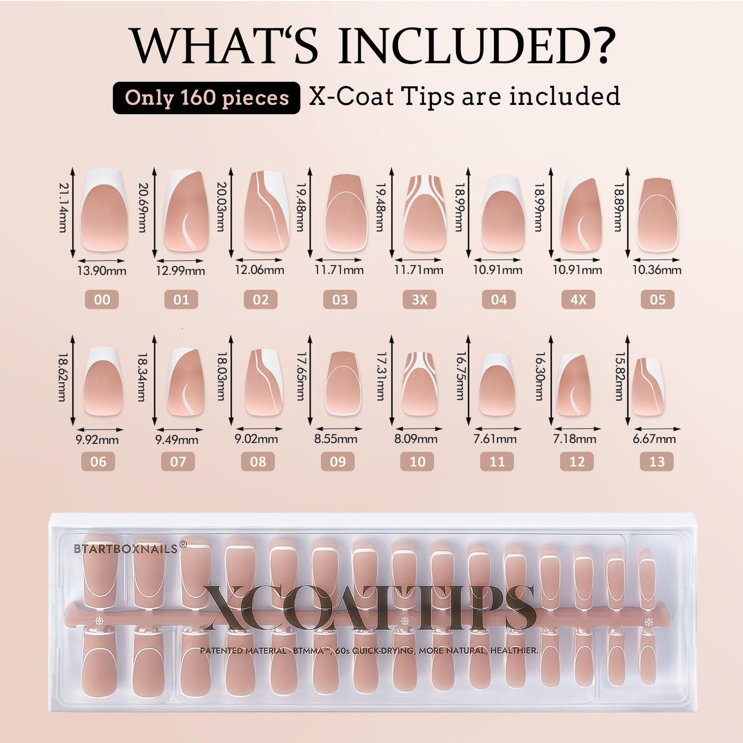 BTArtbox XCOATTIPS Gel Nails with 20g Solid Nail Gel Glue-5 Styles Pre-Designed Swirl Long Square Fake Nails, Ultra Fit French Tips Nail Tips with Pre-applied Tip Primer & Base Coat Cover