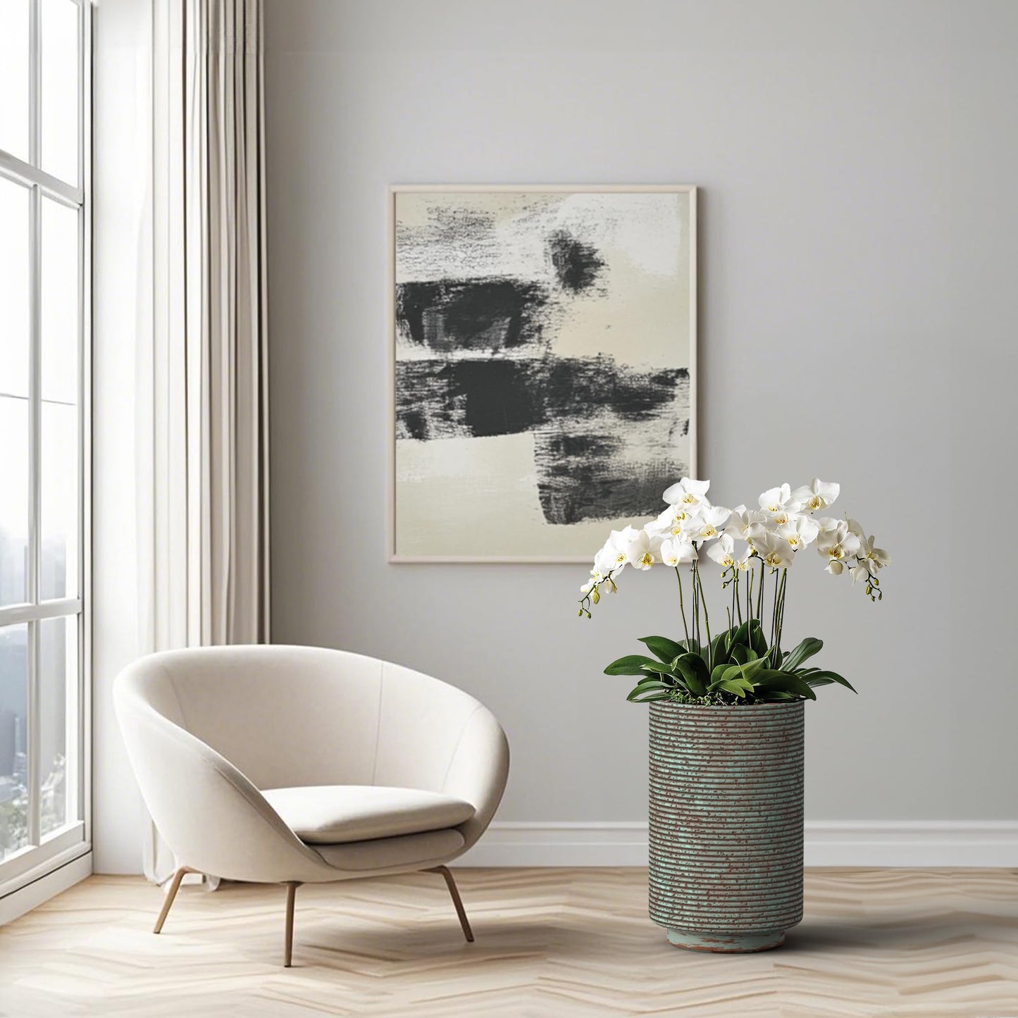 Humid Jade 15.7-Inch Tall Round Concrete Planter, Weathered Clay Speckled Plant Pot with Drainage Hole, Modern Stone Texture for Indoor Outdoor Use, Verdigris Mist