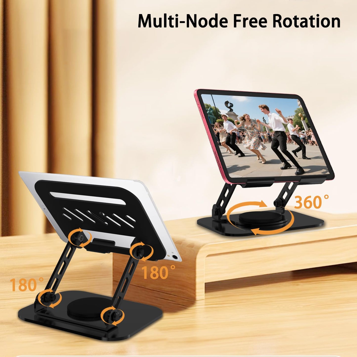 TAPMEI Tablet Stand, 360° Rotation Dual-Arm Support iPad Holder Office Desk Accessories, Foldable iPad Air Holder Travel Accessories for Desk Men Gifts Fits All 4-16" Tablet (Black)