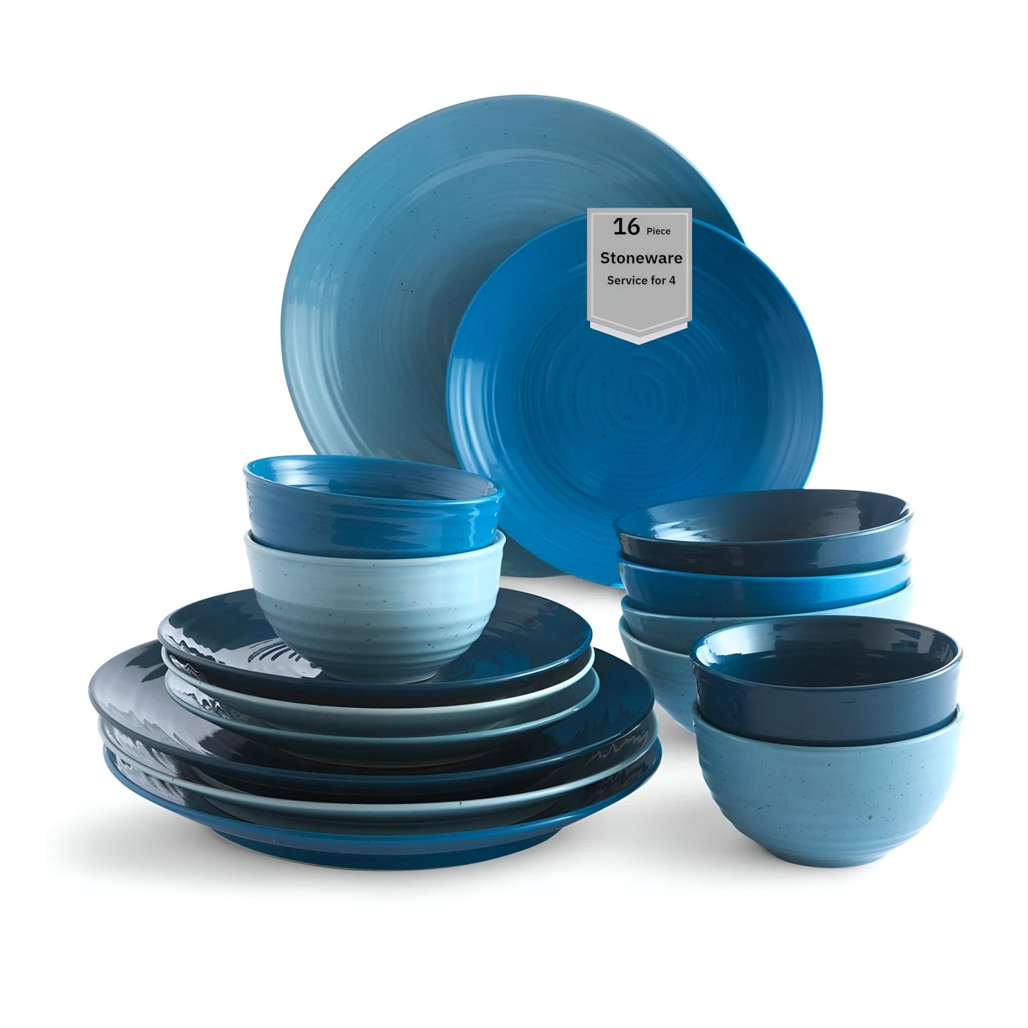 Sango Siterra Artist's Blend 16-Piece Stoneware Dinnerware Set – Service for 4, Ocean Blue Glossy Glaze with Unique Speckled Design, for Everyday Dining & Entertainment, Microwave & Dishwasher Safe