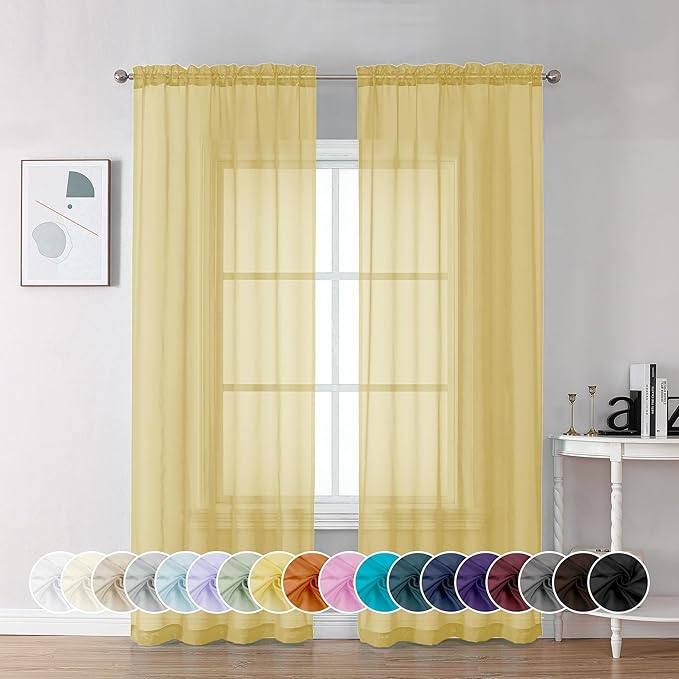 Chyhomenyc Mustard Yellow Sheer Curtains 84 Inches Long, Light Filtering Window Sheer Curtain Panel Drapes, Elegant Rod Pocket Soft Voile for Bedroom Living Room, Each 42Wx84L Inches, 2 Panels