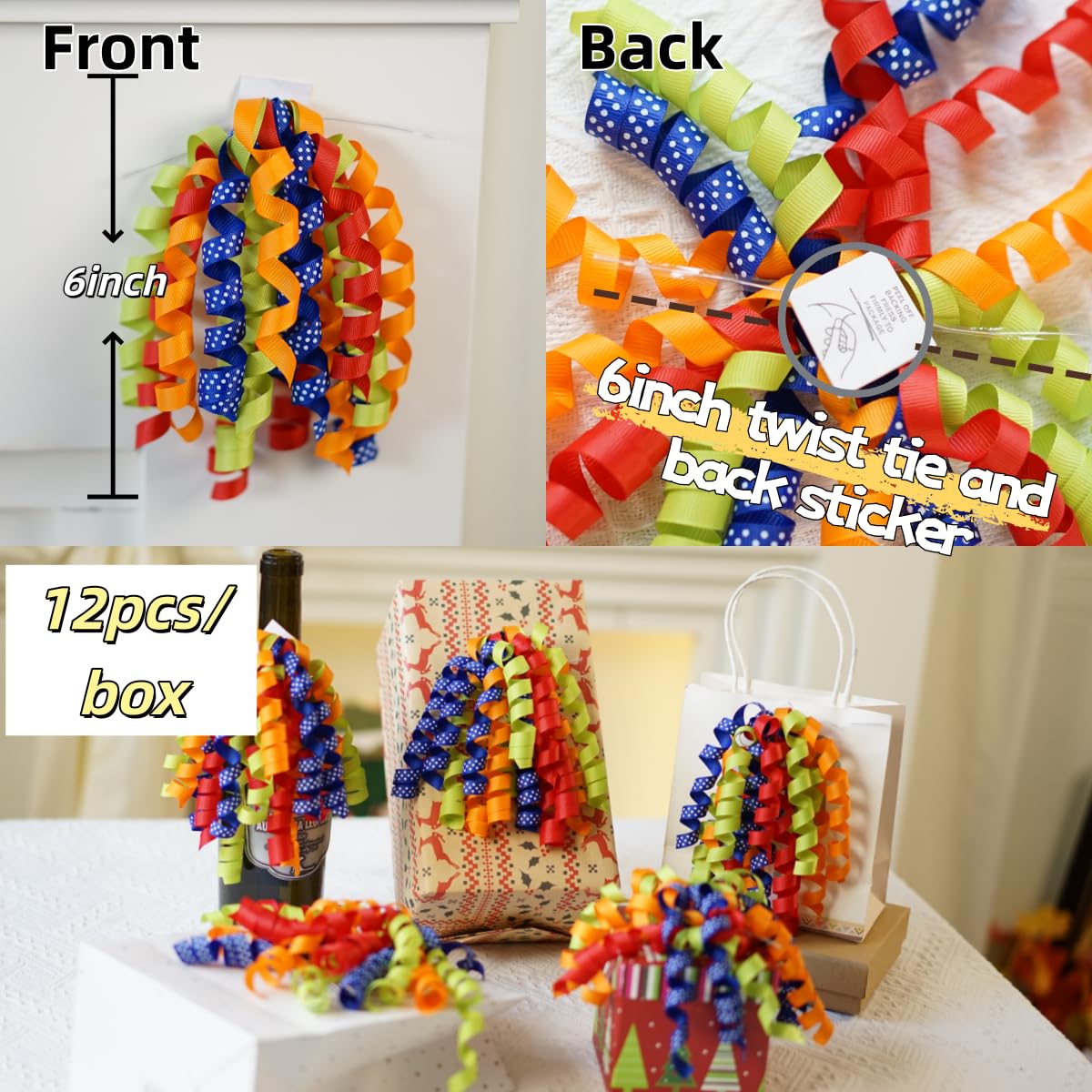 Lakkity 12Pcs Bows for Gift Wrapping, 6 Inch Curly Ribbon Bows, Self Adhesive Burst Gift Bow for Presents,Paper Bag, Baby Shower Favors, Wrapping Accessories, Wedding Decor (Green Orange Red)