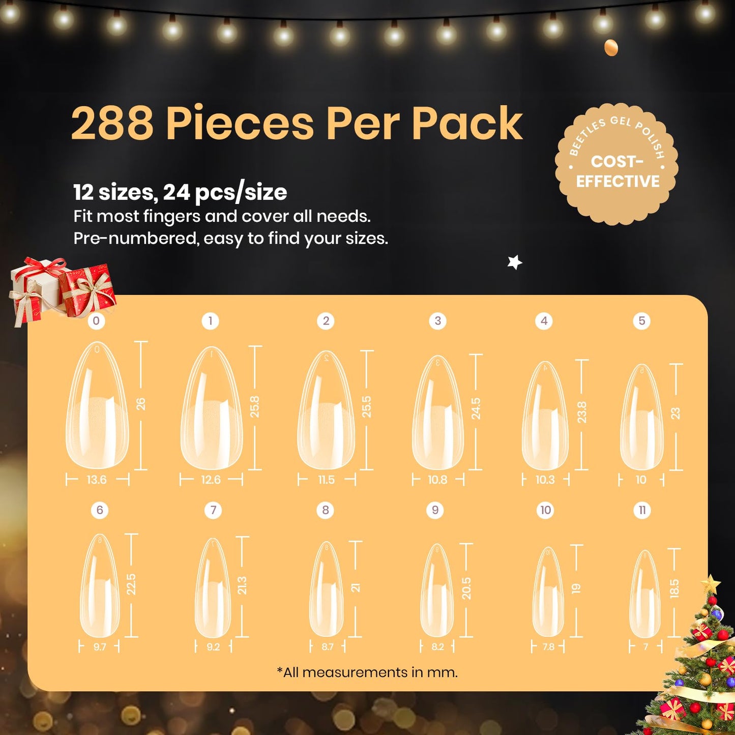 Beetles Gel Nail Tips Medium Almond Etch X, 12 Sizes 288 PCS Half Matte Full Cover Press on False Nail Tips Clear Acrylic Nails Extension Glue on Nails DIY Gift for Women