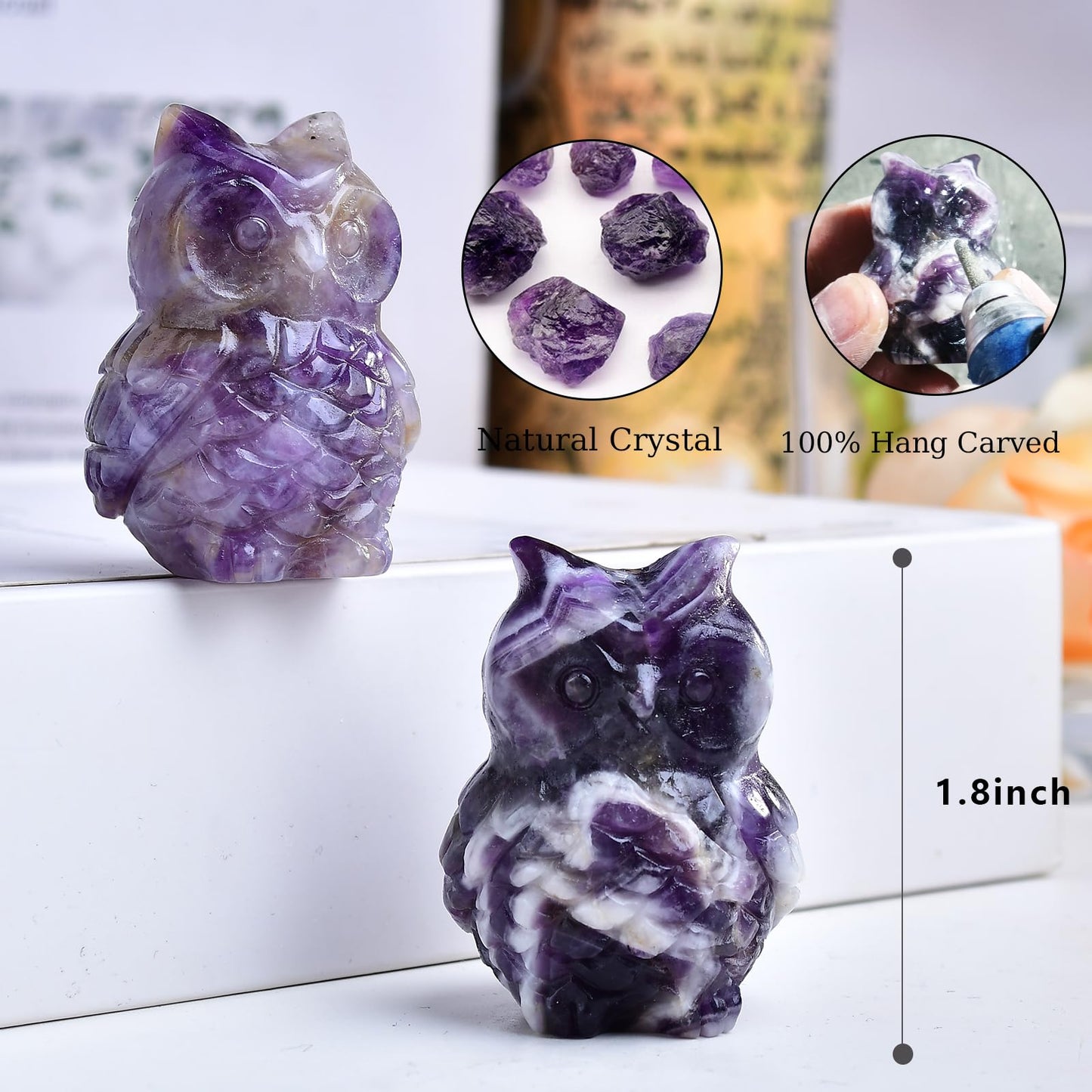 Ytbeoxk 1.9 Inch Amethyst Owl Statue Owl Figurine Home Decor, Healing Crystal Cute Decor Figurines, Hand-Carved Gemstones, Bedroom Office Spiritual Gift