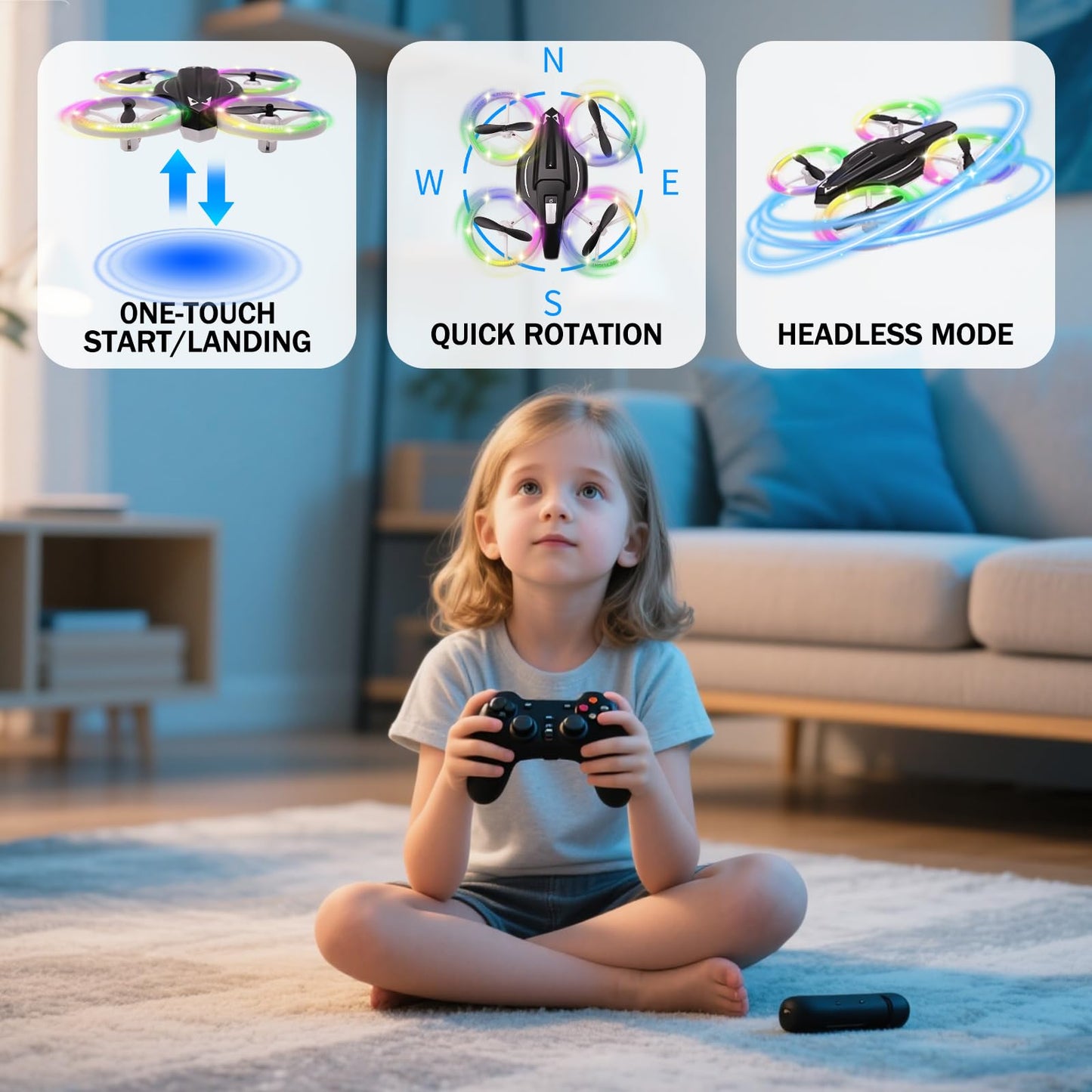 Mini Drone Toy For Children, Remote-Controlled Drone, Quadcopter With Altitude Hold And Headless Mode, All-Around Propeller Protection. Led Lights, 3 Speed Modes, Gift For Boys And Girls (Black).