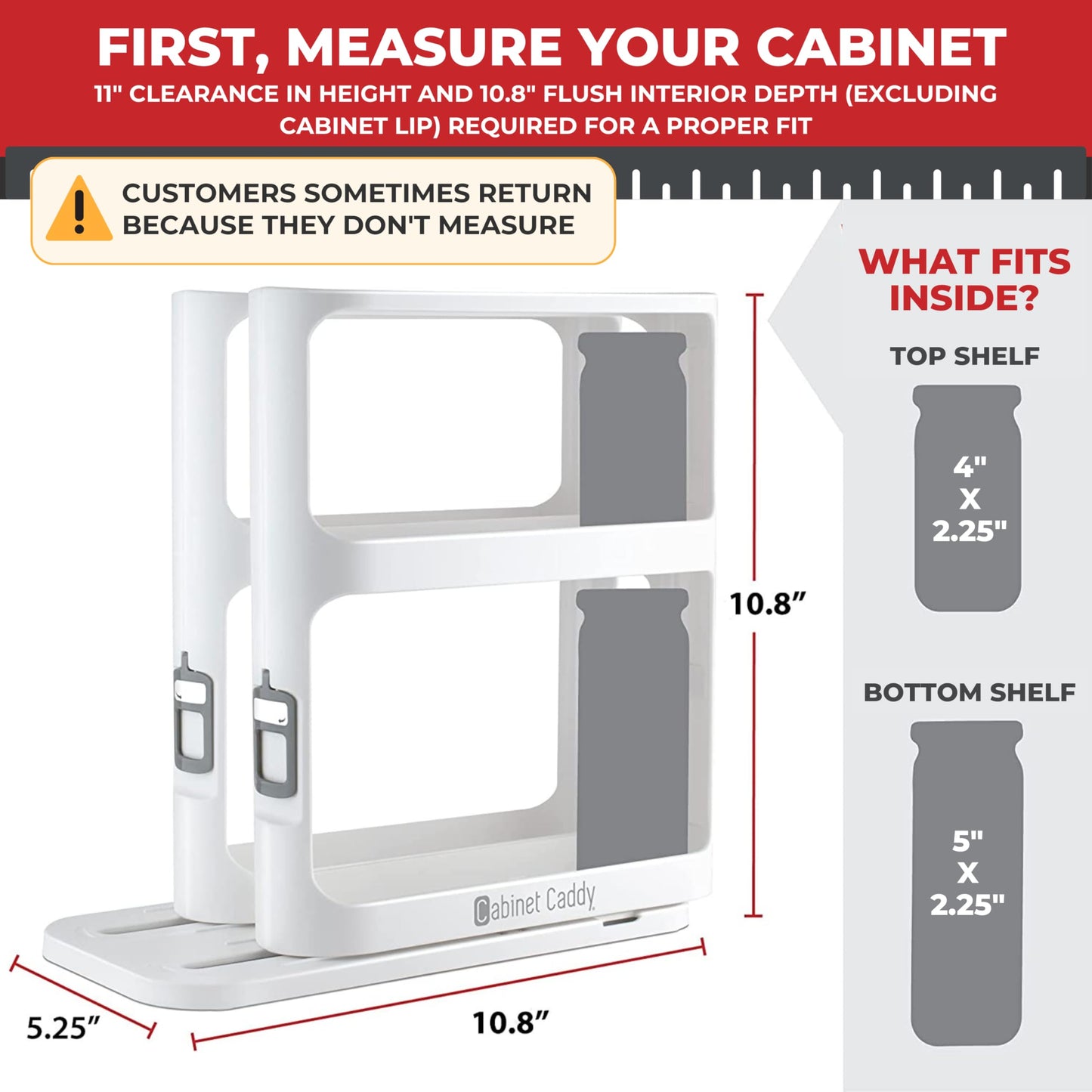 Cabinet Caddy Spice Rack Organizer for Cabinet - Slide & Rotate Kitchen Organizers and Storage - 2 Double-Decker Shelves - Non-Skid Base - Magnetic Modular Design - 10.8" H x 5.25" W x 10.8" D