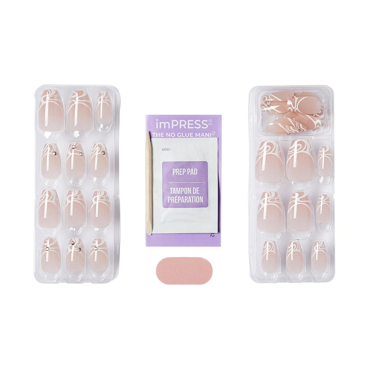 KISS Impress No Glue Mani 30 Pcs Press on Nails, Easy Apply, Hassle-Free Removal, Simple Peel & Press, Essential Tools Included, Prep Pad, Instructions Sheet, 1 Manicure Stick, 1 Mini File (Coy)