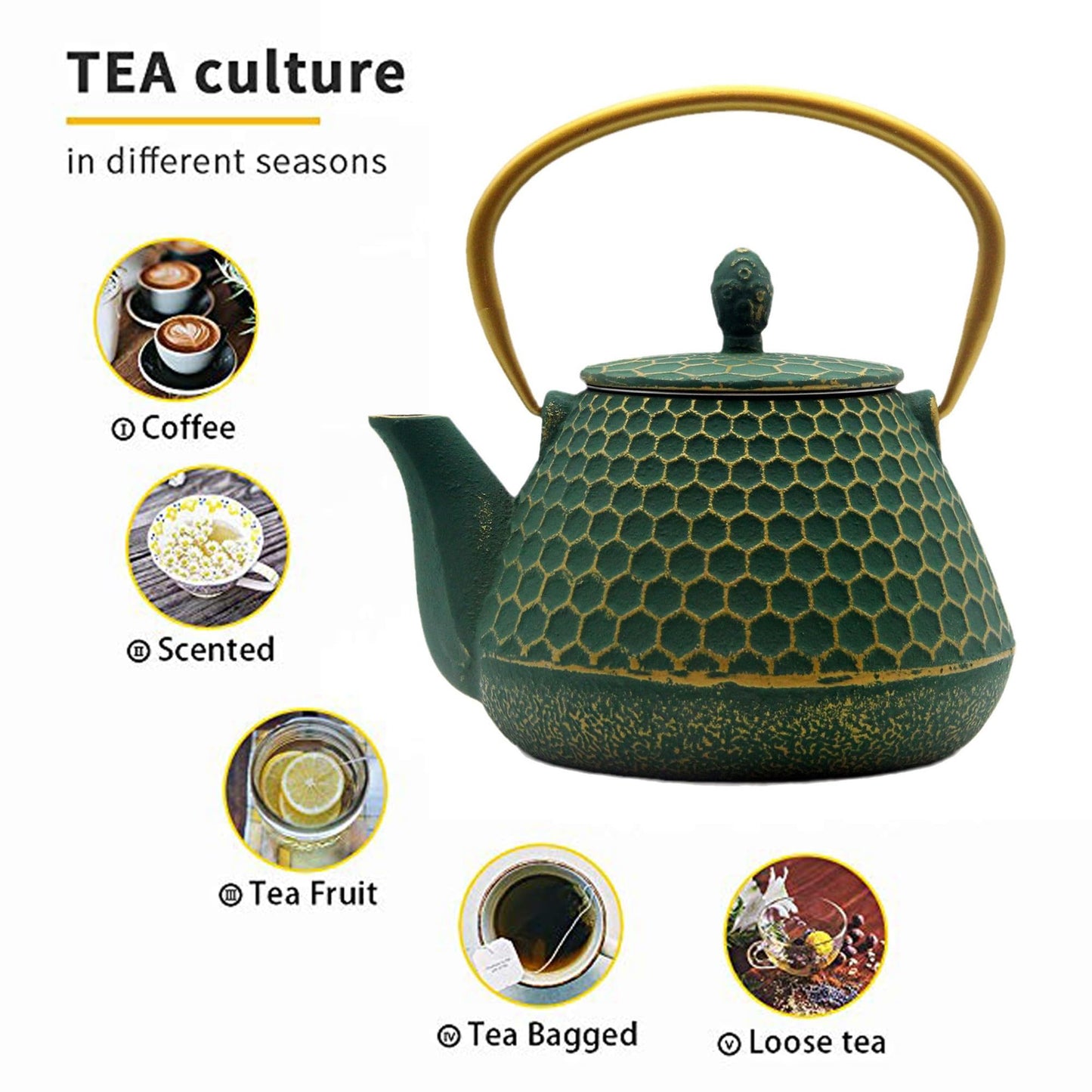Cast Iron Tea Kettle, Japanese Tetsubin Teapot Coated with Enameled Interior, Durable Cast Iron Teapot with Stainless Steel Infuser for Stovetop Safe(1000ml/34oz)