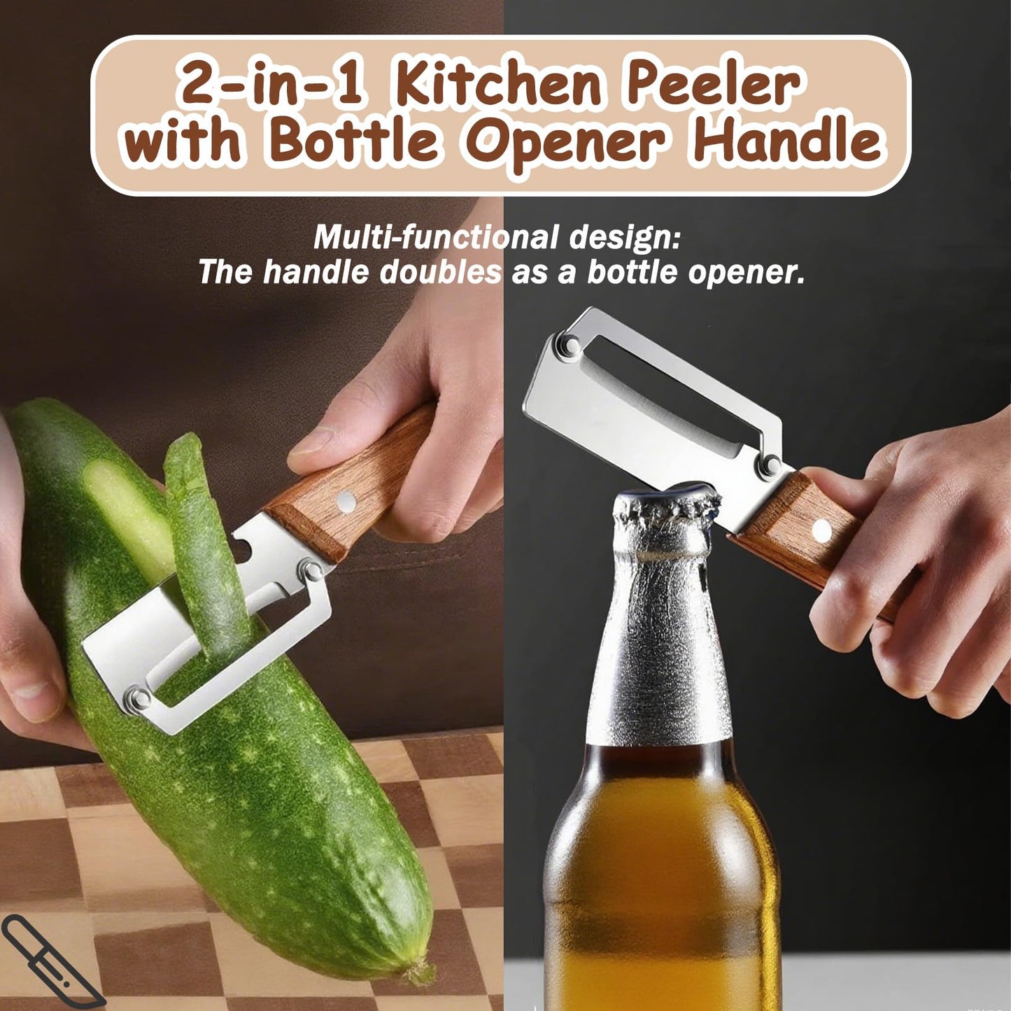 Premium Vegetable Peeler with Wooden Handle and Bottle Opener, Multi Functional Vegetable Peeler for Kitchen, Stainless Steel Blade Kitchen Tool for Vegetables or Fruits That Need to Be Peeled(2PCS)