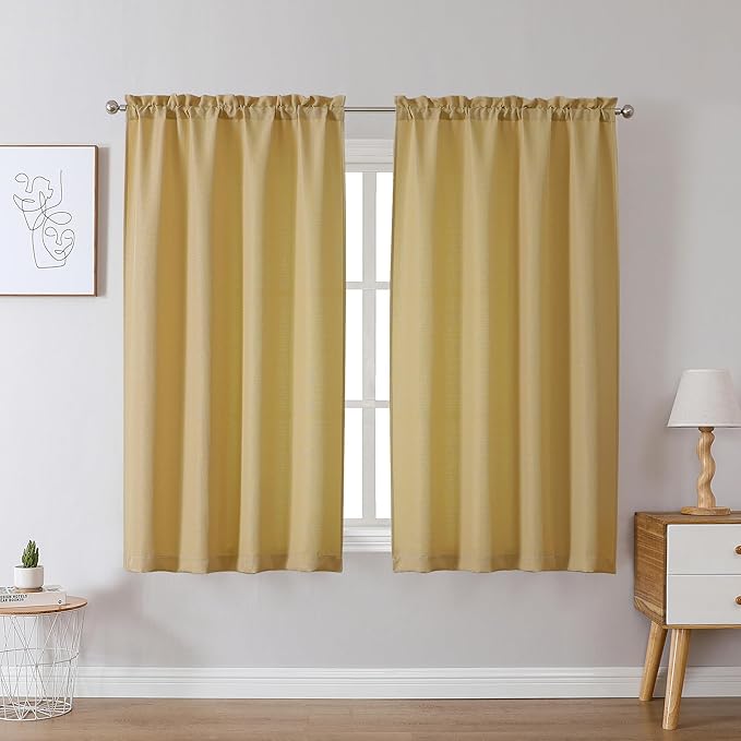 Chyhomenyc Gold Curtains 54 Inch Length 2 Panels, Faux Linen Textured Semi Sheer Light Filtering Soft Airy Rod Pocket Window Treatment Drapes for Living Room Bedroom, Each 30 Wx54 L