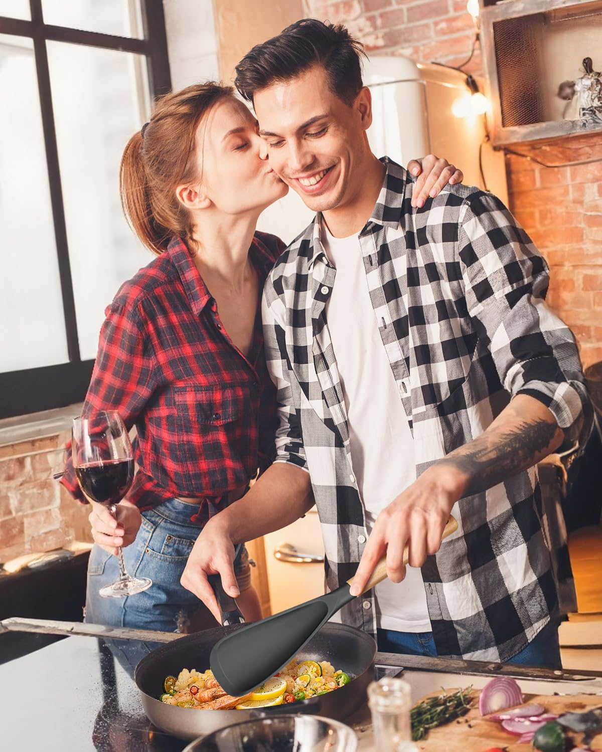 Multifunction Spoon for Nonstick Cookwares, Great for Cooking and Serving, Sturdy BPA-Free Matte Silicone, Wood Handle Spoonula for Mixing, Scoop, and Scrape, Grey(2 pack,11.4" & 13.4")