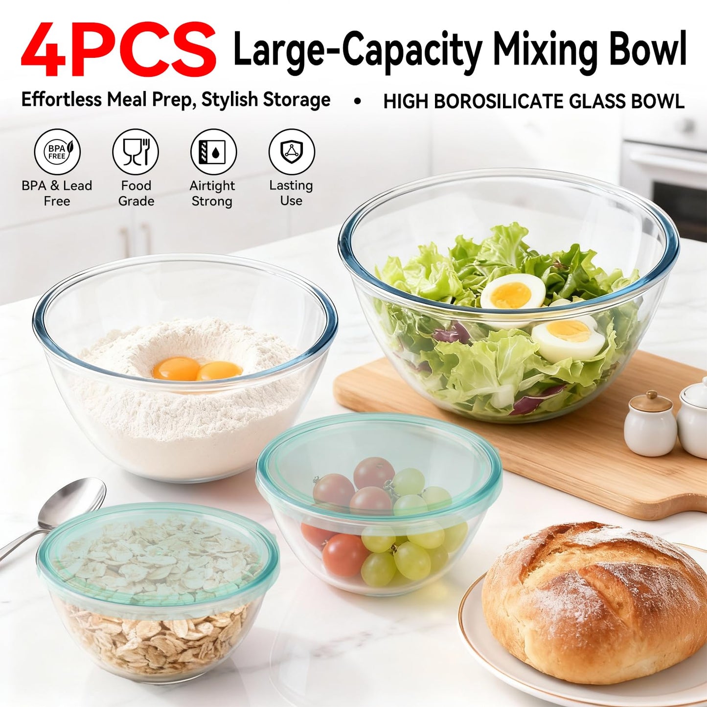 YUANYE 4 Pack Glass Mixing Bowls with Lids Set (3/1.7/0.9/0.6QT),Thick Glass Large Salad Bowl Set, Nesting Kitchen Bowls for Serving, Prepping, Cooking and Baking, Dishwasher, Oven,Microwave Safe