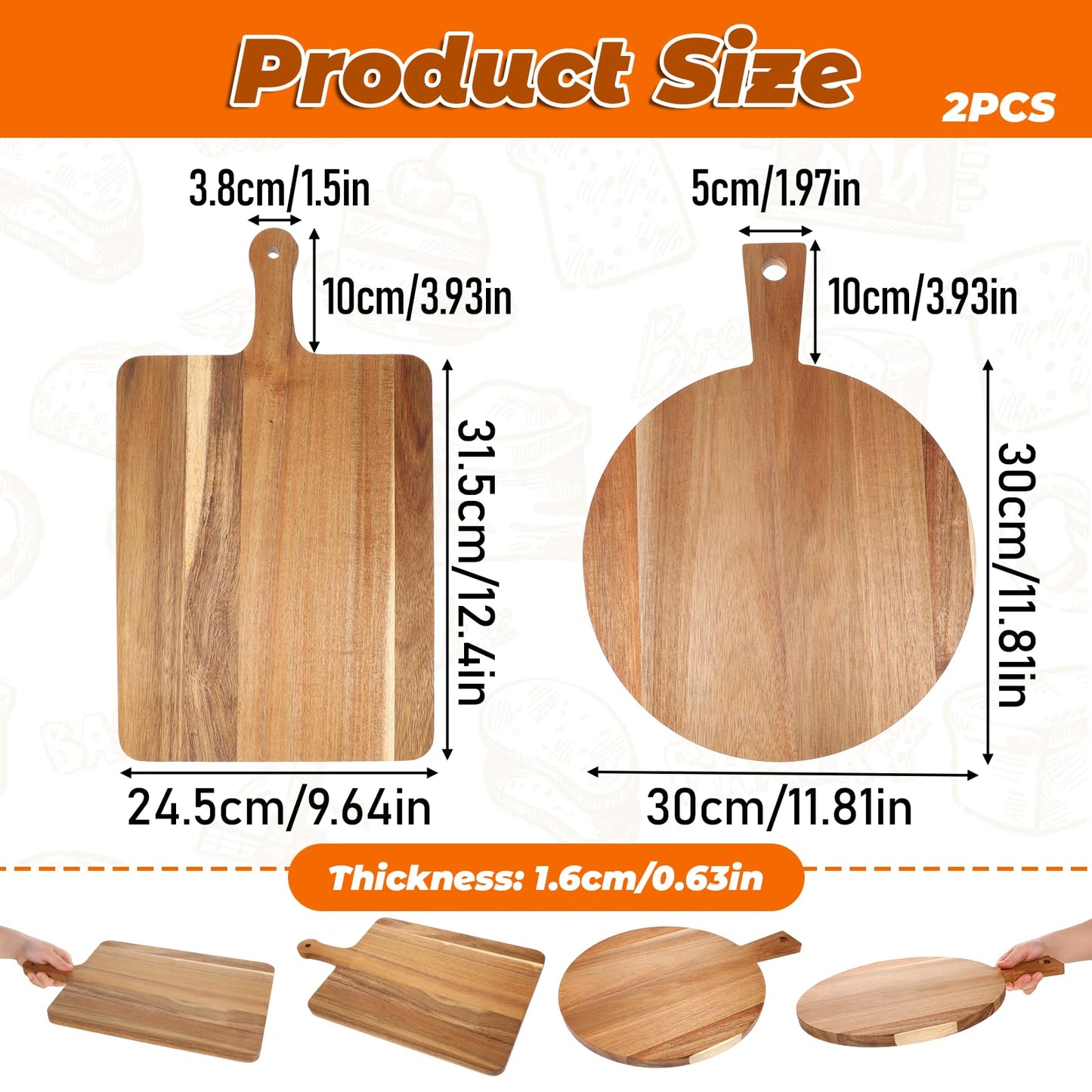 2 Pcs Wood Cutting Board with Handle Decorative Wooden Serving Board Large Chopping Cutting Board Set Charcuterie Board for Cheese Board Meat Bread Chopping Blocks