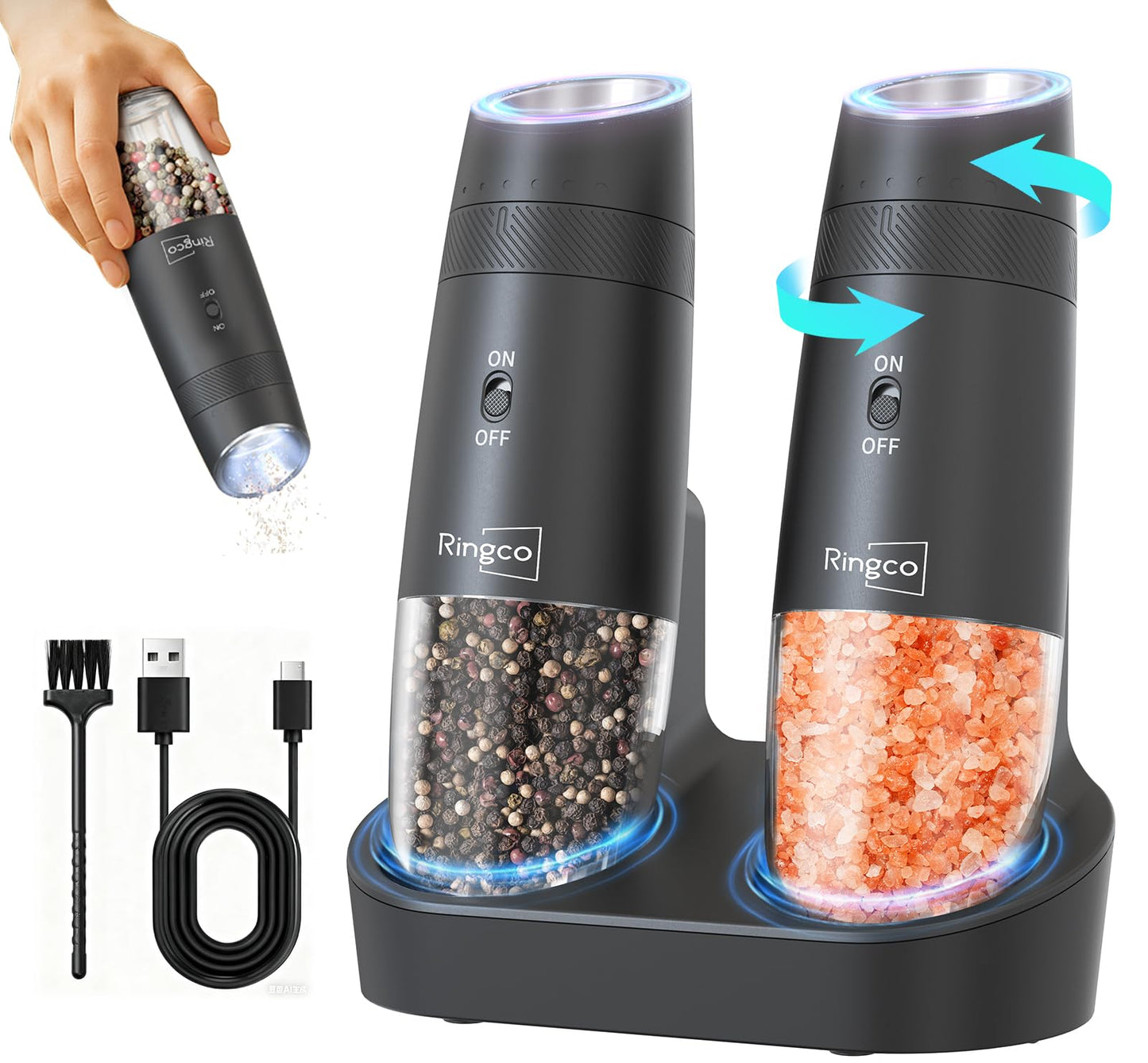 Ringco Gravity Electric Salt and Pepper Grinder Set with Charging Base, Automatic Gravity Salt and Pepper Mill with Adjustable Coarseness, LED Light, 135ml Large Capacity, Gifts for Women