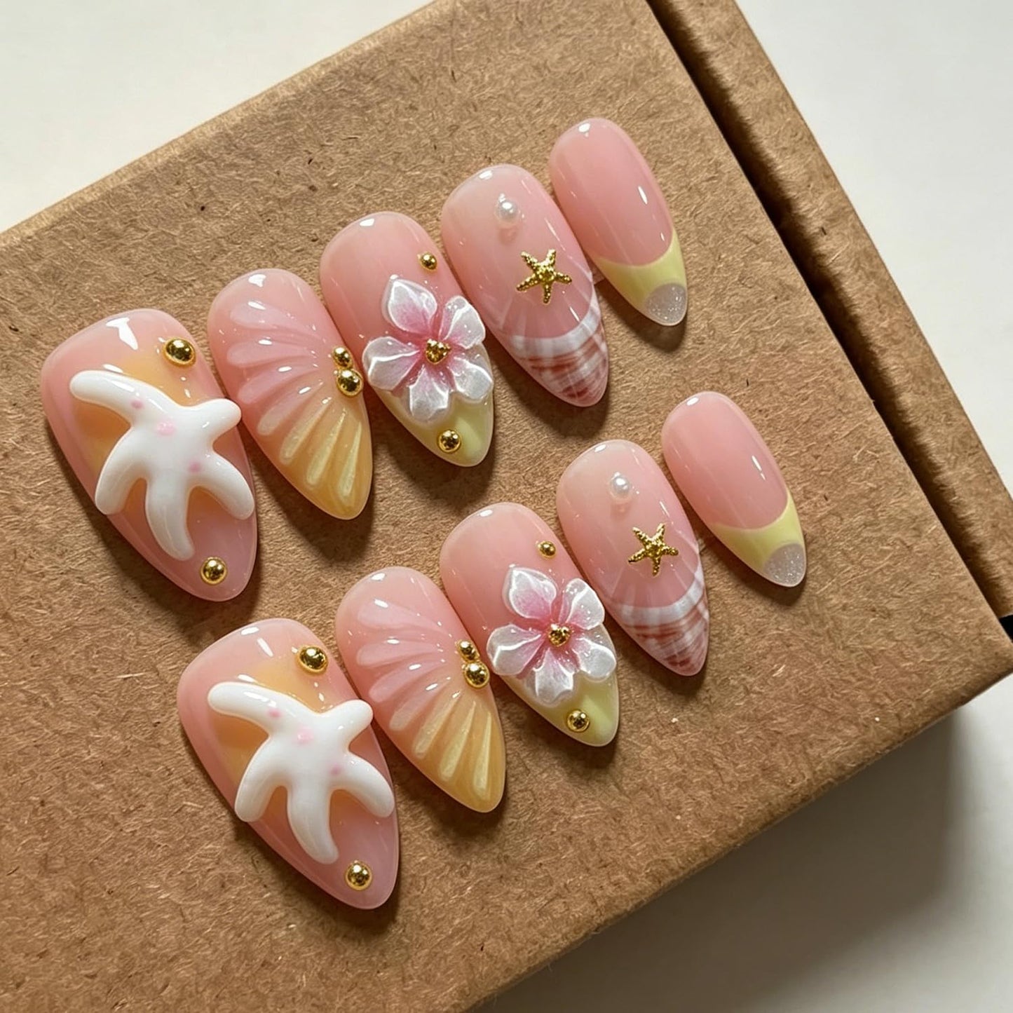 Luxury Press on Nails Medium Almond Handmade 3D Unique Reusable ABS Material Fake Nails French Tip False Nails with Designs Flower Starfish Summer Yellow Glossy Glue on Nail Thick Acrylic Nail(M)
