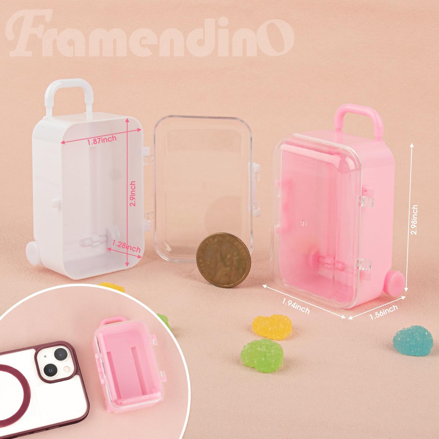 Framendino, 8 Pack Plastic Mini Suitcase Tiny Travel Jewelry Candy Box for Home Wedding Decoration (2.9" X 2" X 1.4")