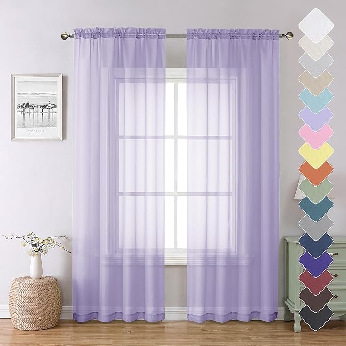 Lecloud Light Purple Sheer Curtains 84 Inches Long 2 Panels, Double Rod Pocket Window Dining Room/Living Room Lavender Curtain, Light Filtering Solid Voile Girls Bedroom Drapes, 40X84 Inch