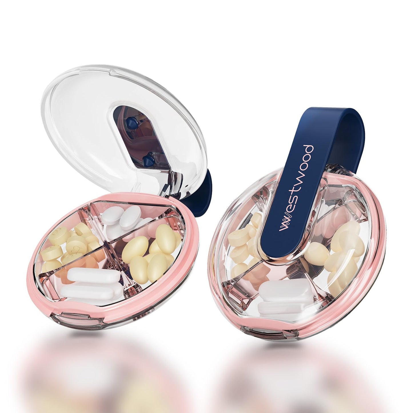 HyJeryty Easy-Grip Round Small Pill Organizer - 4 Compartment Travel Case Compact Pill Box with Strap, Portable and Moistureproof for Vitamins/Medication/Supplements(Blue)