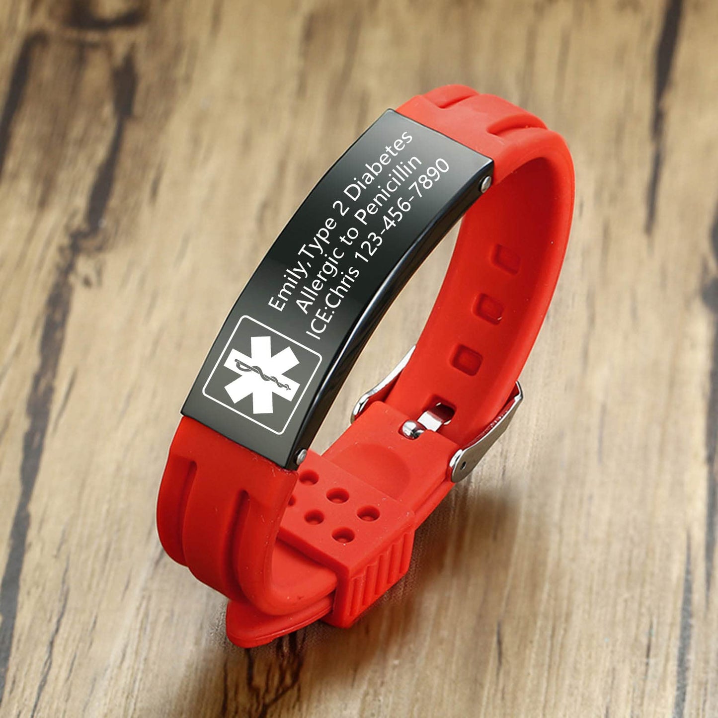 VNOX Customize Emergency Jewelry Medical Alert ID Red Silicone Rubber Stainless Steel Adjustable Bracelet,Unisex