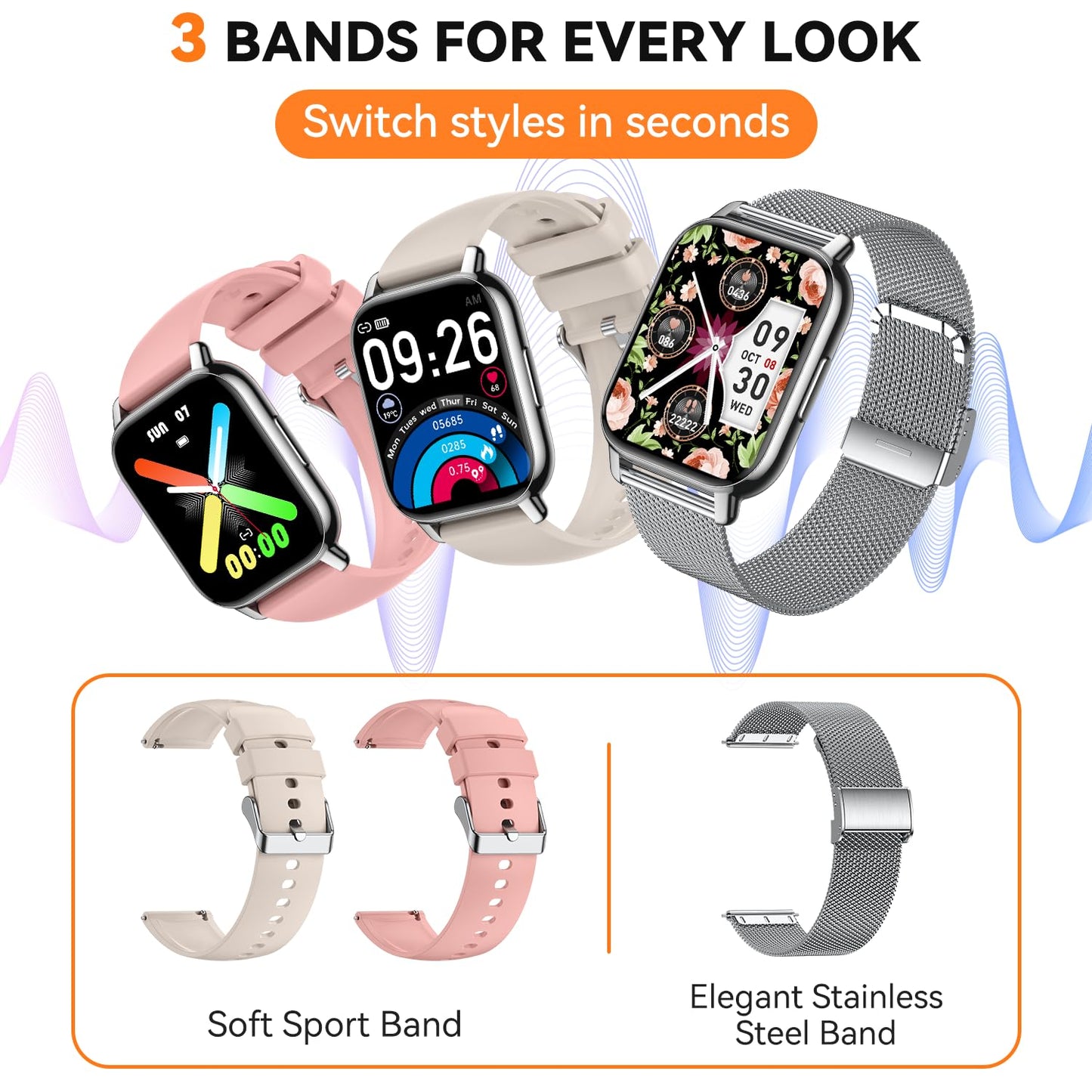 Smart Watch for Women(3 Bands), Smartwatch Fitness Tracker with Bluetooth Calls & AI Voice Control, 1.85’’ HD Screen, Heart Rate/SpO2 Monitor, Sleep Tracker, Compatible with Android iOS (Silver)