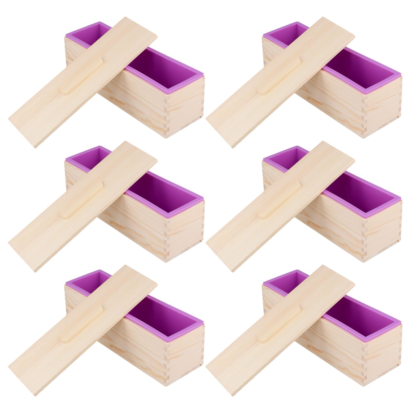 ZEONHEI 6 PCS 42 Oz Purple Silicone Soap Molds Loaf, Flexible Rectangular Soap Making Molds with Wood Box Wooden Covers, DIY Soap Molds for Soap Making