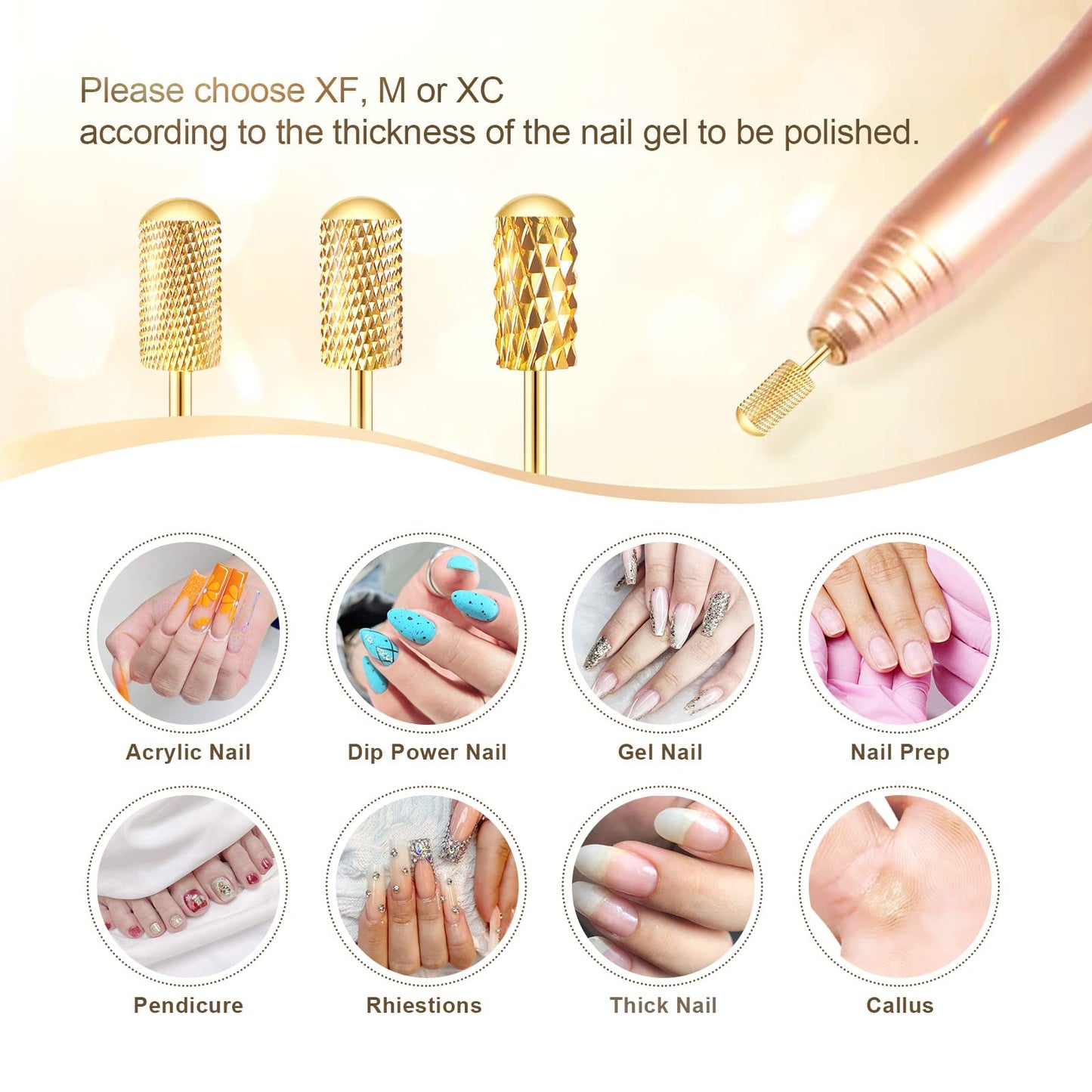 Nail Drill Bit Set, Corfulra 3pcs Safety Bits for Nail Drill, Tungsten Carbide Nail Drill Bits, Smooth Round Top Large Barrel Bits, Nail Supplies for Nail Tech to Remove Acrylic Nails (XF & M & XC)