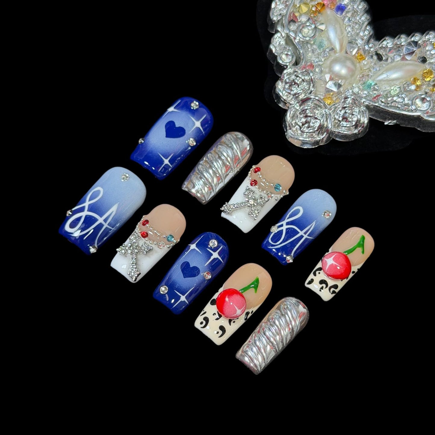 Handmade Press On Nails, Short Square Blue Nude with 3D Cherry, Rhinestone Chrome Acrylic, Reusable Stick On Nails Rebel Symphony (S)