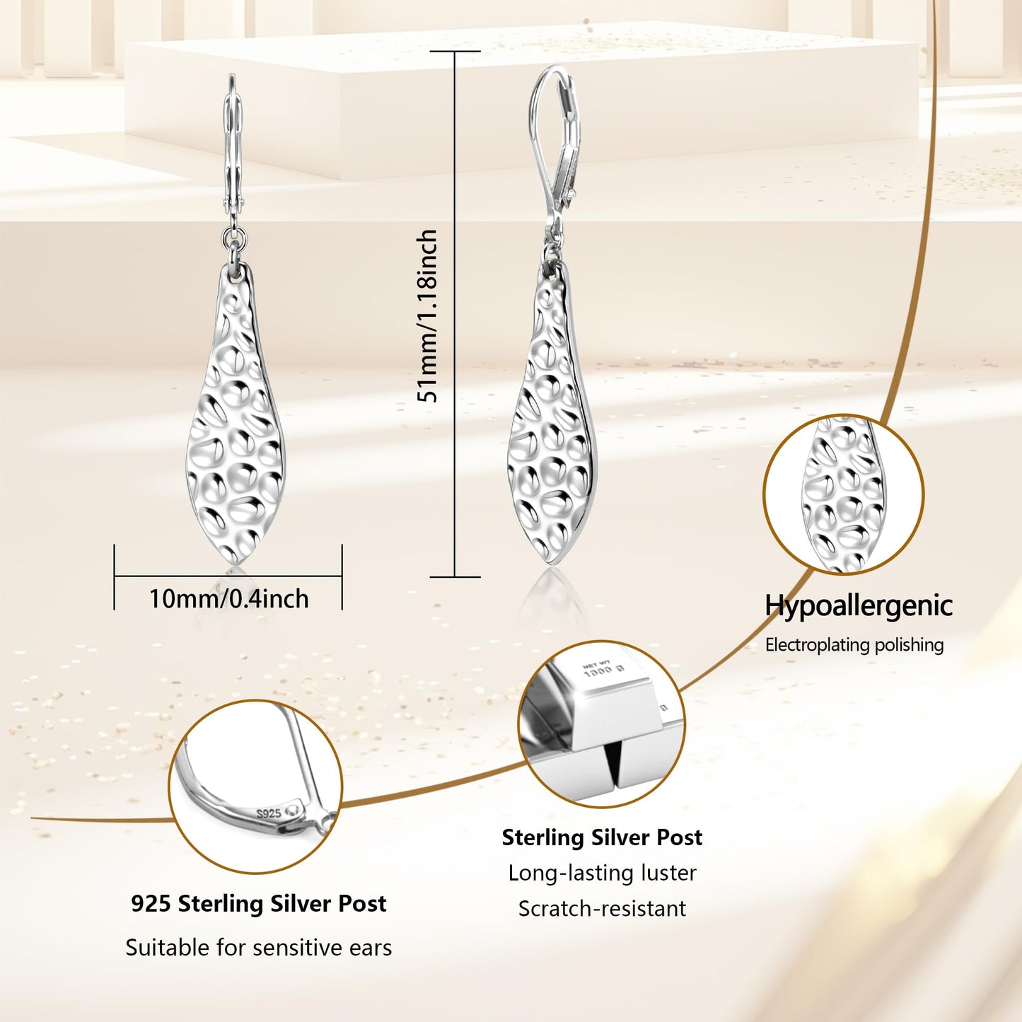 ALEXCRAFT 925 Sterling Silver Teardrop Dangle Earrings for Women Trendy Lightweight Hypoallergenic Hammered Jewelry Long Leaf Teardrop Dangling Drop Earrings Silver French Hook Leverback Earings