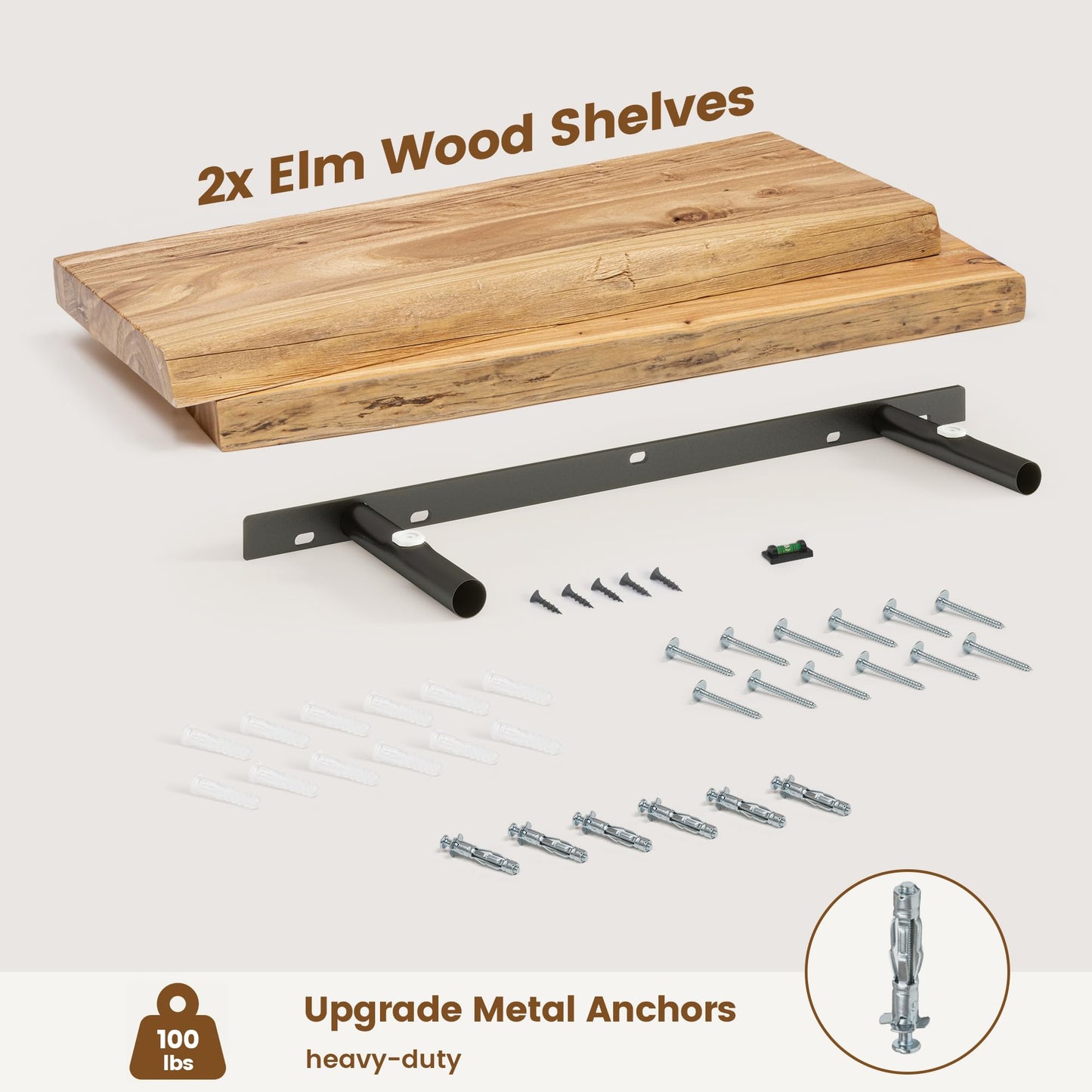 Venusmiles Live Edge Elm Floating Shelves for Wall Decor, Rustic Solid Wood Shelves Wall Mounted with Invisible Bracket for Living Room Bathroom Bedroom Kitchen, 24 Inch Set of 2, Natural
