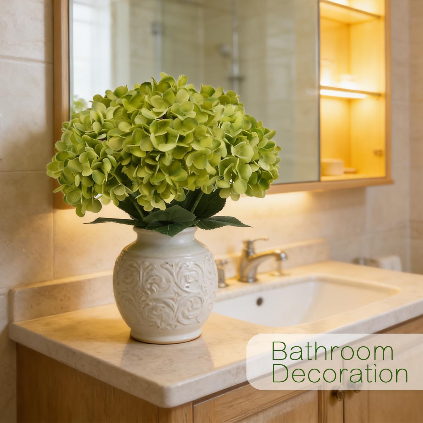 GREENTIME 6 Pack Green Hydrangea Artificial Flowers 14.5 Inch 1 Head Large Fake Flowers for Home Wreath DIY Indoor Spring Outdoor Desk Bathroom Shelf Dining Room Table Kitchen Wedding Decor