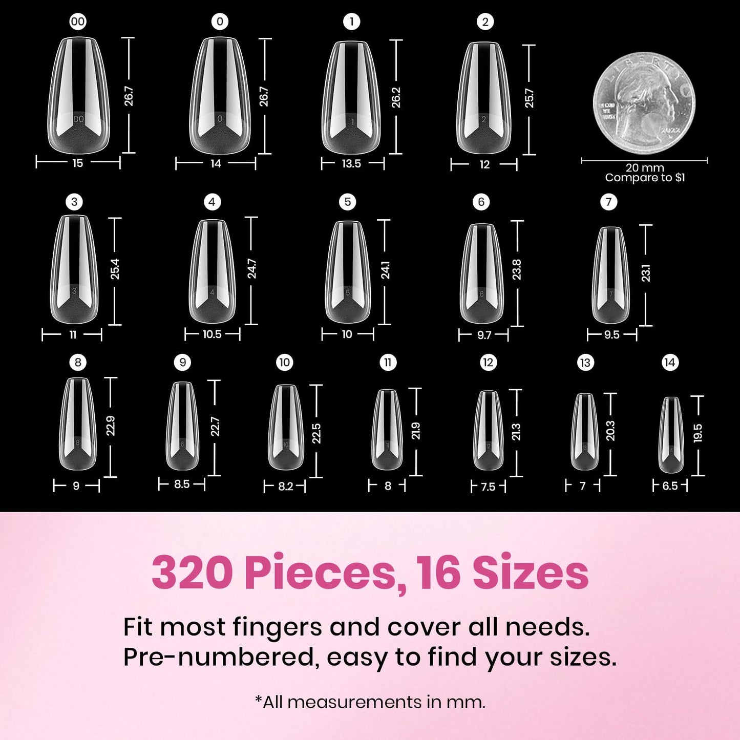 Beetles Gel Nail Tips Flat-X - Coffin Medium, 320pcs 16 Sizes, Pre-Etched Half Matte Full Cover Soft Acrylic Press on False Nail Extension Tips Easy DIY Salon Art for Flat & Natural Nail Beds