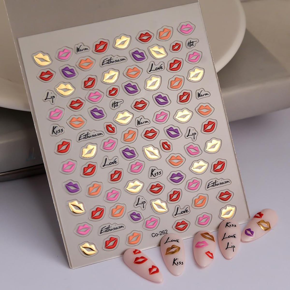 HPYFOI 5D Embossed Lip Nail Stickers - Red, Pink, Gold - Self-Adhesive Nail Art Stickers - DIY Manicure Decor - 1 Sheet