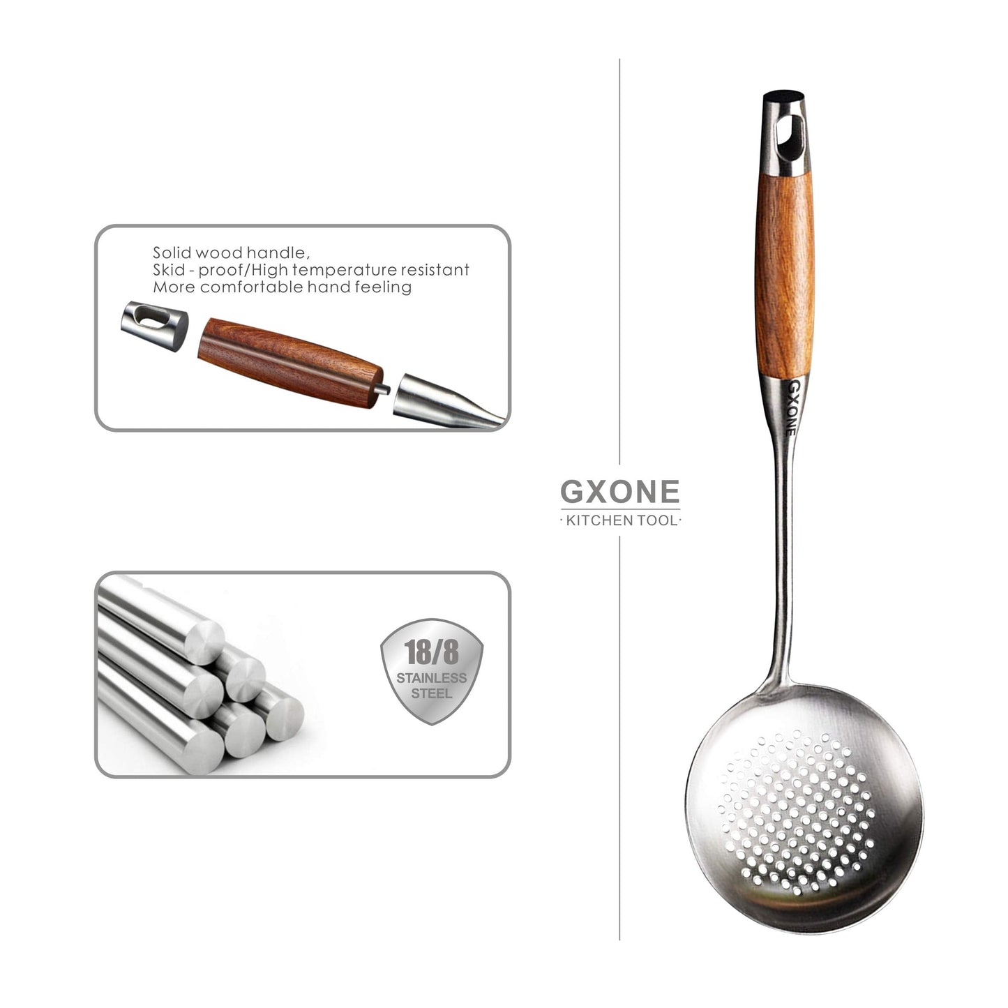 GXONE Slotted Spoon,304 Stainless Steel Skimmer Spoon with Heat Resistant Wooden Handle,Silver/15.8Inch
