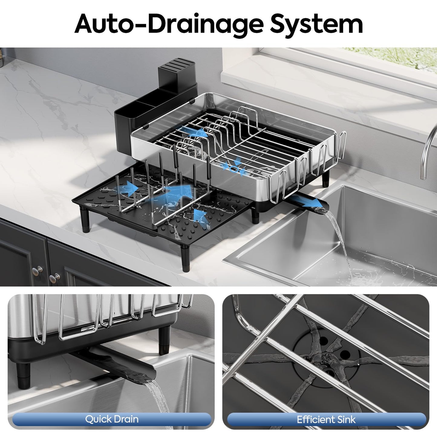 Urackify Dish Drying Rack for Kitchen Counter - Stainless Steel Dish Drainer with Drain Board, Removable Utensil Holder, Rust-Proof Plate, Non-Slip Feet, Large Capacity for 10 Plates 6 Bowls 4 Cups