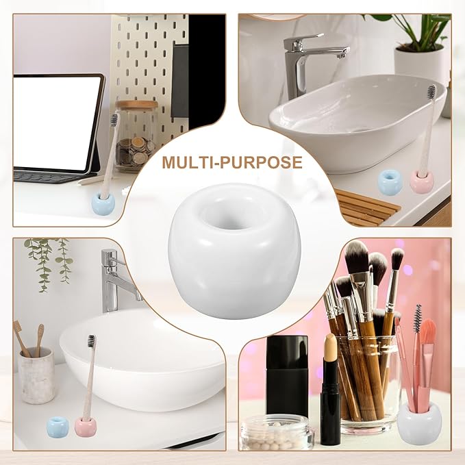 uxcell 2 Pcs Mini Ceramics Toothbrush Holder Stands, Sleek Mini Countertop Toothbrush Round Shape Ceramic Holder Stand for Bathroom Vanity Countertops, White