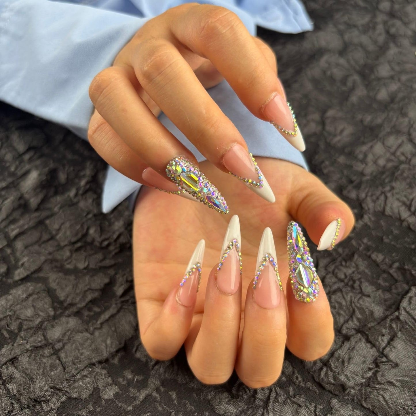 Yabonica French Tip Press On Nails Long Stiletto,10 Pcs Handmade Acrylic Fake Nails Press Ons Salon Design Stick On Nails,Luxury UV Gel Glue On False Nails with 3D Rhinestone 039L)