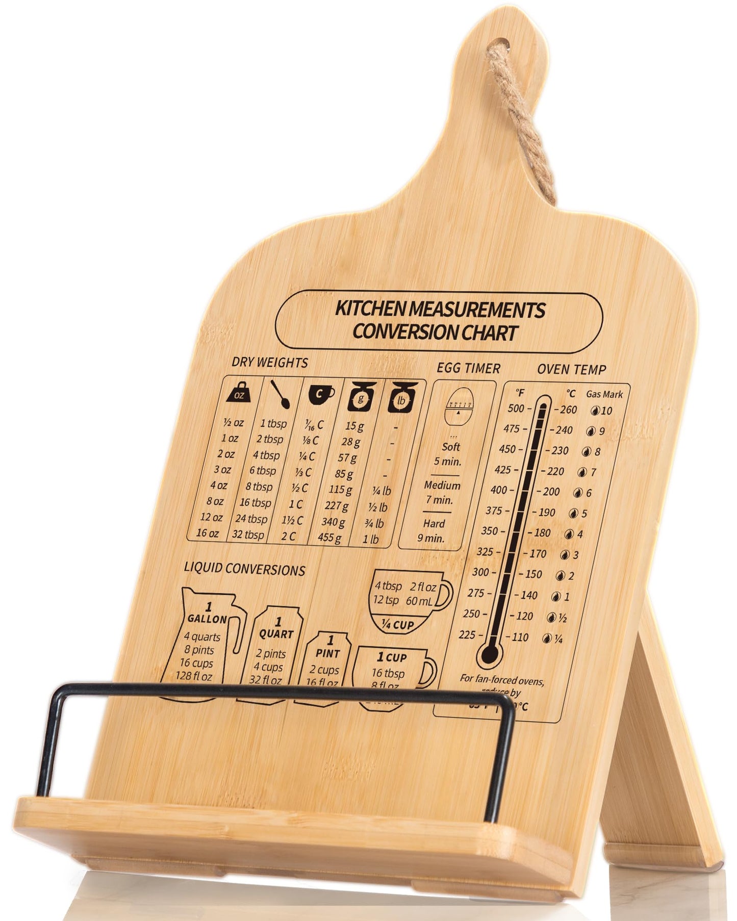 IKEDAS Bamboo Cookbook Stand, Sturdy Cook Book Holder, Recipe Book Holder with Measurement Conversion Chart, Cookbook Stand for Kitchen Counters, Essential Accessories for Holding Cookbooks