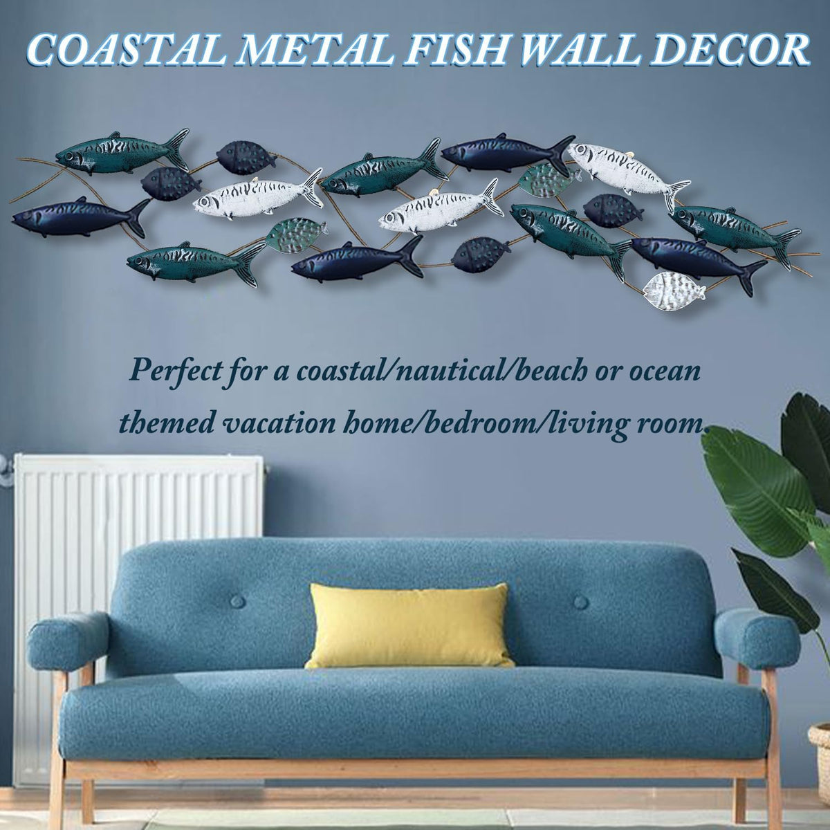 edaknez Large Fish Wall Art, Coastal Nautical Decor, Outdoor Indoor Metal Wall Art, School of Fish Wall Sculpture, for Living Room, Bedroom Beach or Boat Decor (55 x 13 inch)