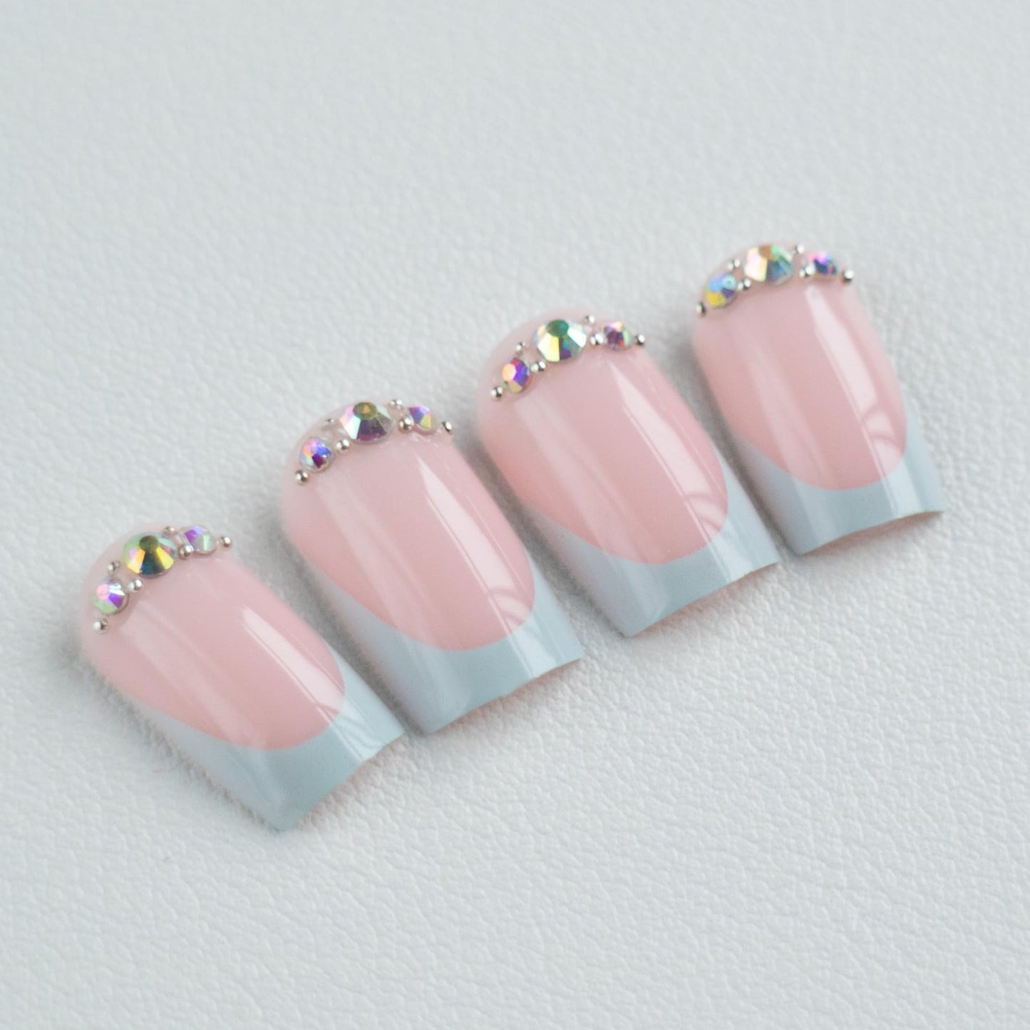 Medium Press On Nails Square Fake Nails French Tip False Nails With Rhinestone Design Full Cover Artificial Acrylic Nude Glue On Nail Glossy Stick On Nail For Women 24pcs