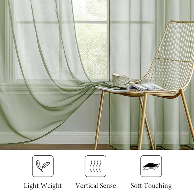 MIULEE 2 Panels Sage Green Sheer Window Curtains Elegant Window Voile Panels/Drapes/Treatment for Bedroom Living Room (54X72 Inches)
