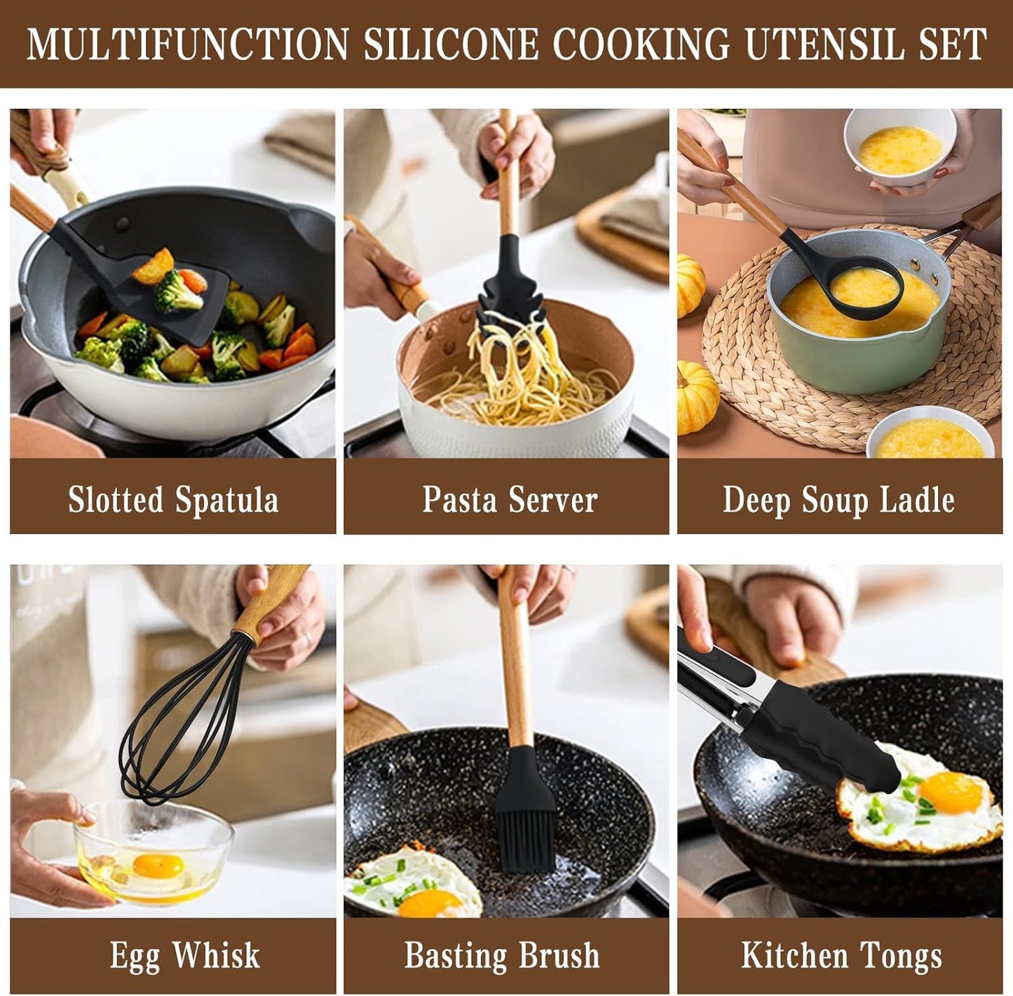 Kitchen Utensils Set- 34PCS Silicone Cooking Utensil with Holder, Umite Chef Heat Resistant Kitchen Spatula Set for Nonstick Cookware, Black Wooden Handles Kitchen Gadgets Tools Set