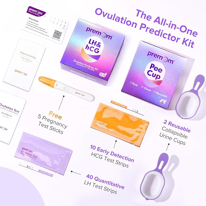 Premom Quantitative Ovulation & Pregnancy Test Kit: 40 LH Strips + 10 HCG Strips + 5 Pregnancy Sticks + 2 Reusable Urine Cups | at-Home Fertility Test for Women | Smart Digital Ovulation Reader App