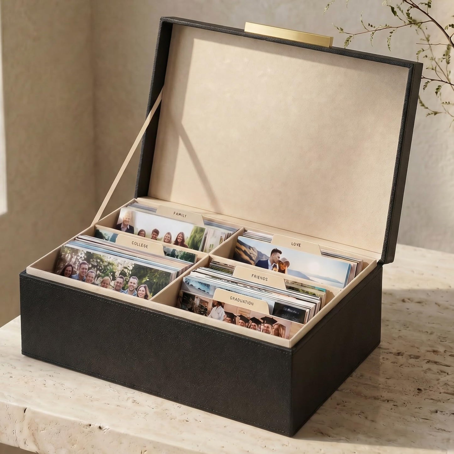 ZICOTO Decorative Photo Storage Box - Sturdy PU Leather Photo Organizer with Dividers is Perfect to Store Up to 1200 Pictures and 4x6 Photos - Portable Scrapbook Storage Containers with Lid