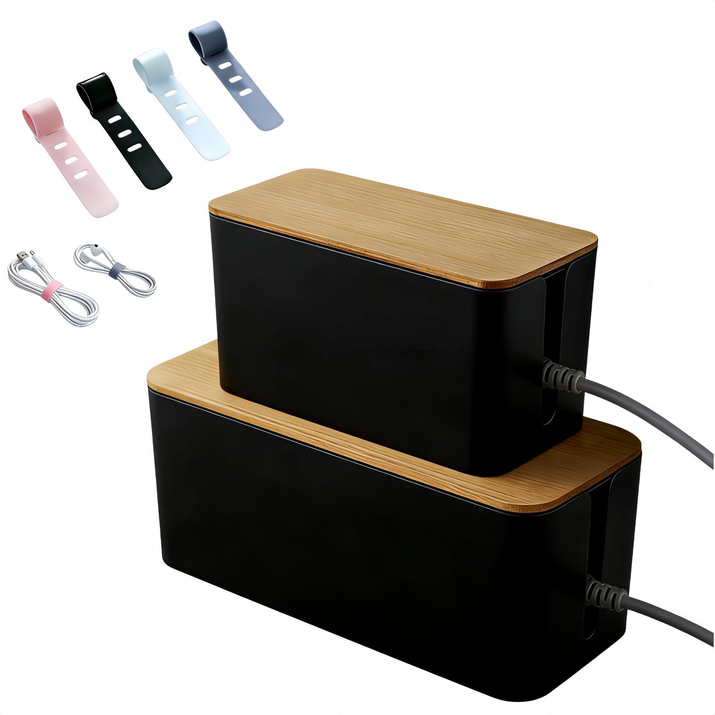 1 Large + 1 Small Cable Management Box Set – 2-Piece Cord Organizer Box, Home Office Desk Wire Storage & Cable Management Solution (Bamboo Lid/Black)
